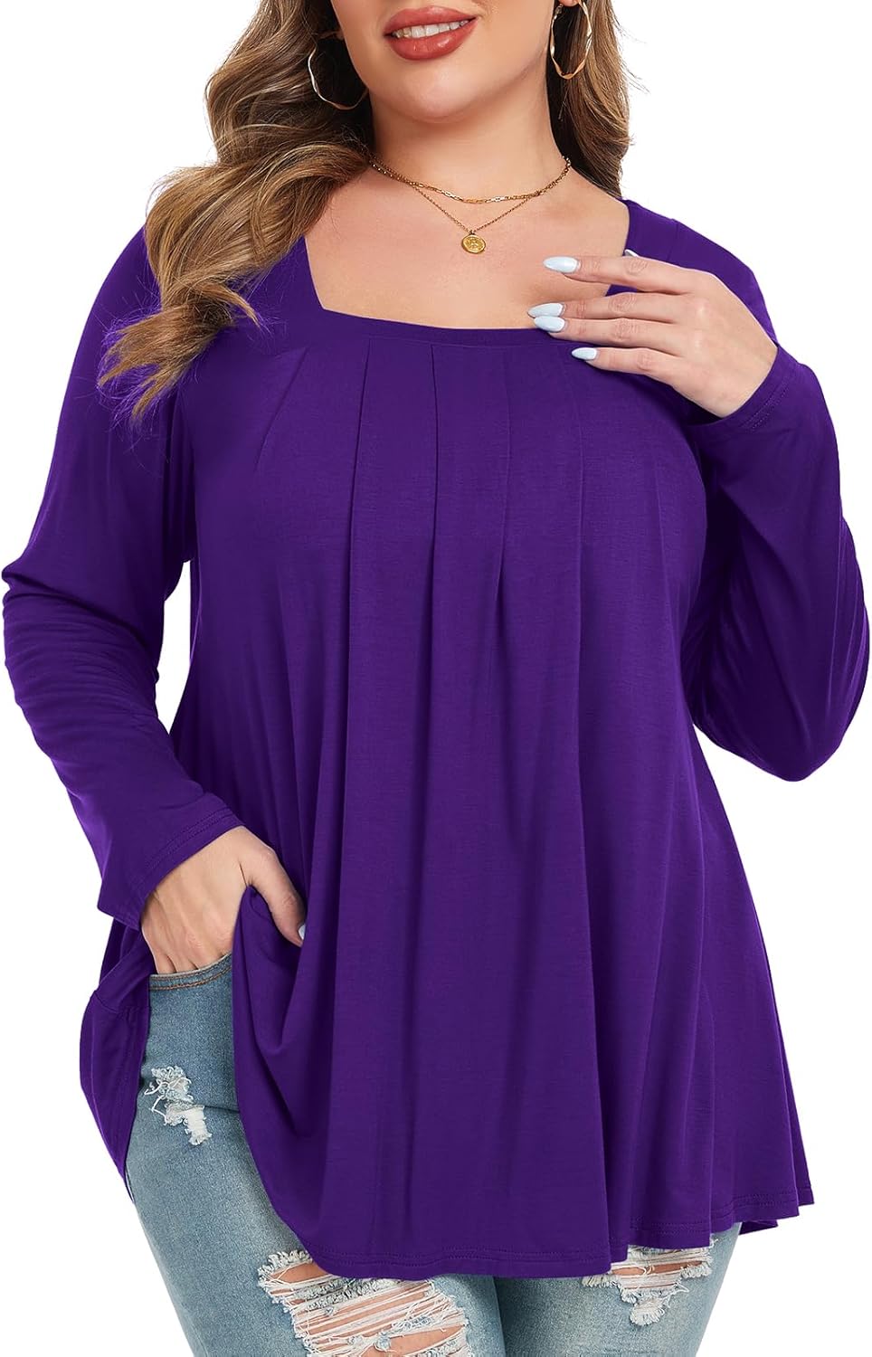 LARACE Womens Plus Size Tunic Tops Loose Fit Square Neck Long Sleeve Shirts - Image 2