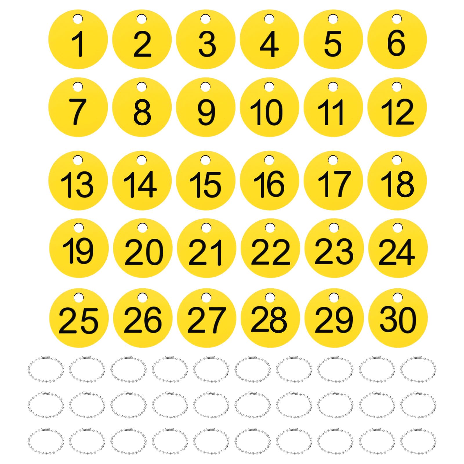 PATIKIL 1-30 Number Tags, 30Pcs Round ID Number Key Tags Plastic Numbered Keychain with Key Rings for Luggage Lockers Organizer Field Sales Hangers Clothes Labels, Black-Yellow