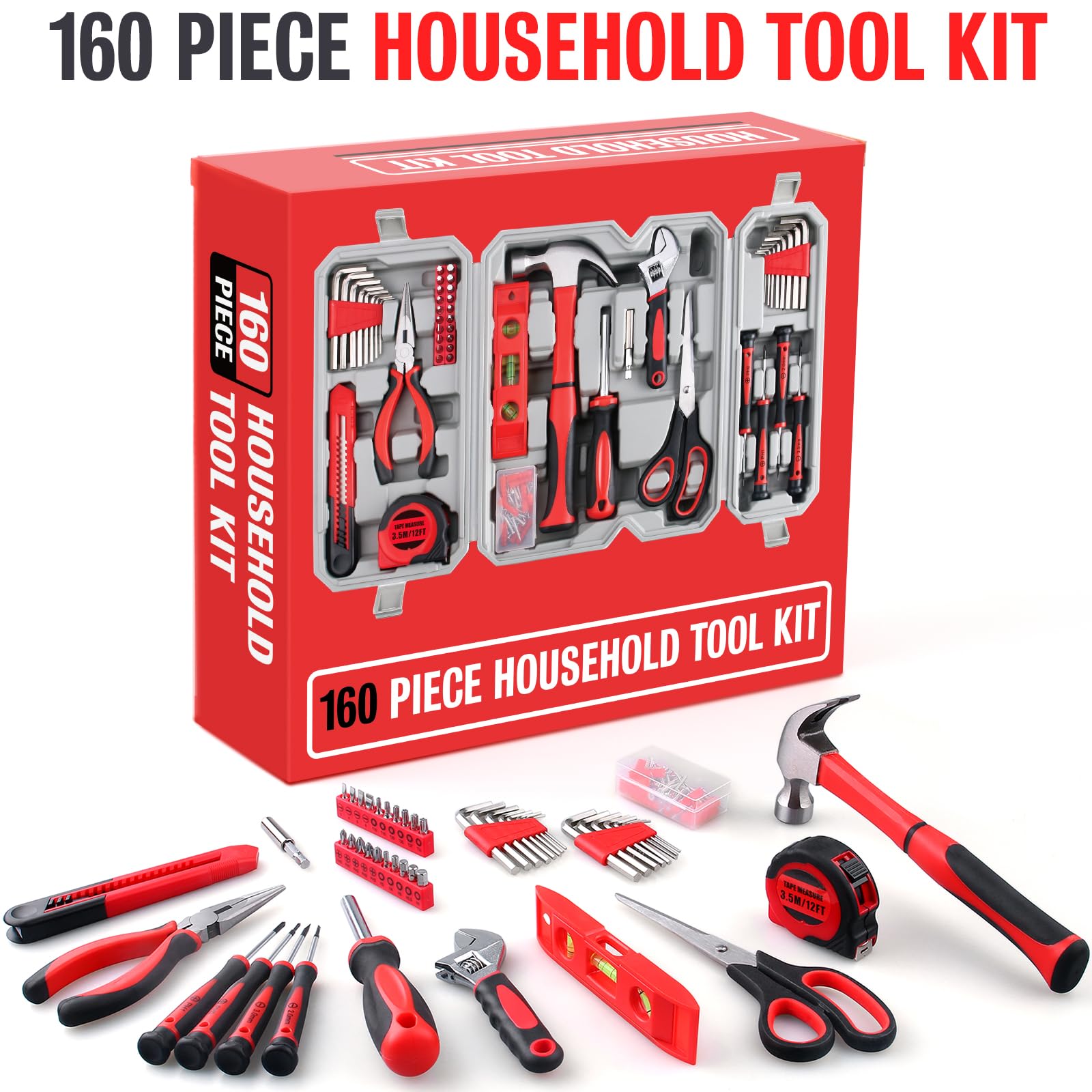 WINNER Kit de herramientas multiusos para el hogar de 160 piezas en delicada caja de herramientas, adecuado tanto para hombres como para mujeres, ideal para reparaciones comunes del hogar, proyectos
