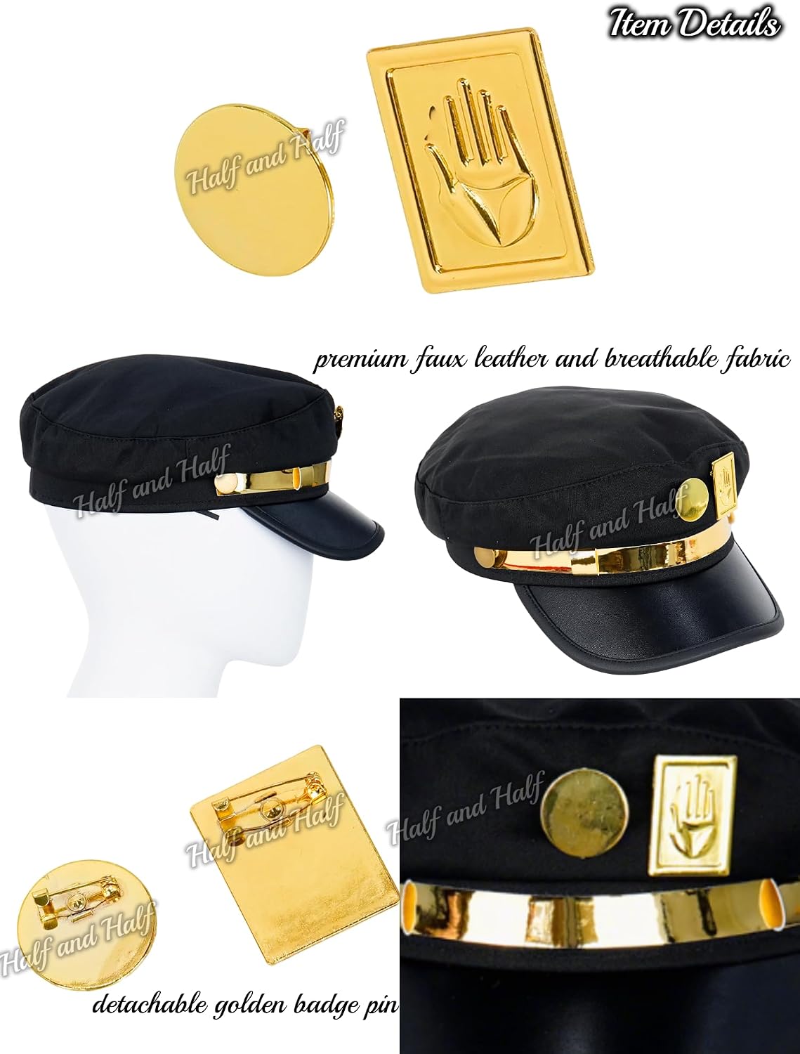 Half and Half Jotaro Cosplay Hat for Men Black Anime JJBA Cap with Metal Badge Pin Black Headwear for Women Unisex Halloween Party Daily