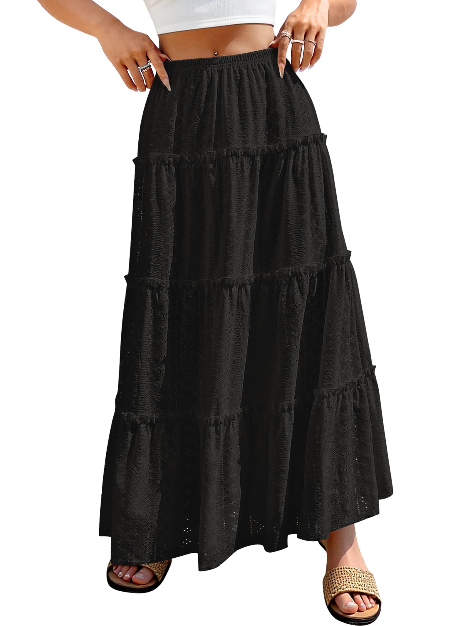 ANRABESS Womens Maxi Skirt 2026 Summer Beach Vacation Eyelet Boho Long Flowy Skirts Spring Trendy Swing Tiered A-Line