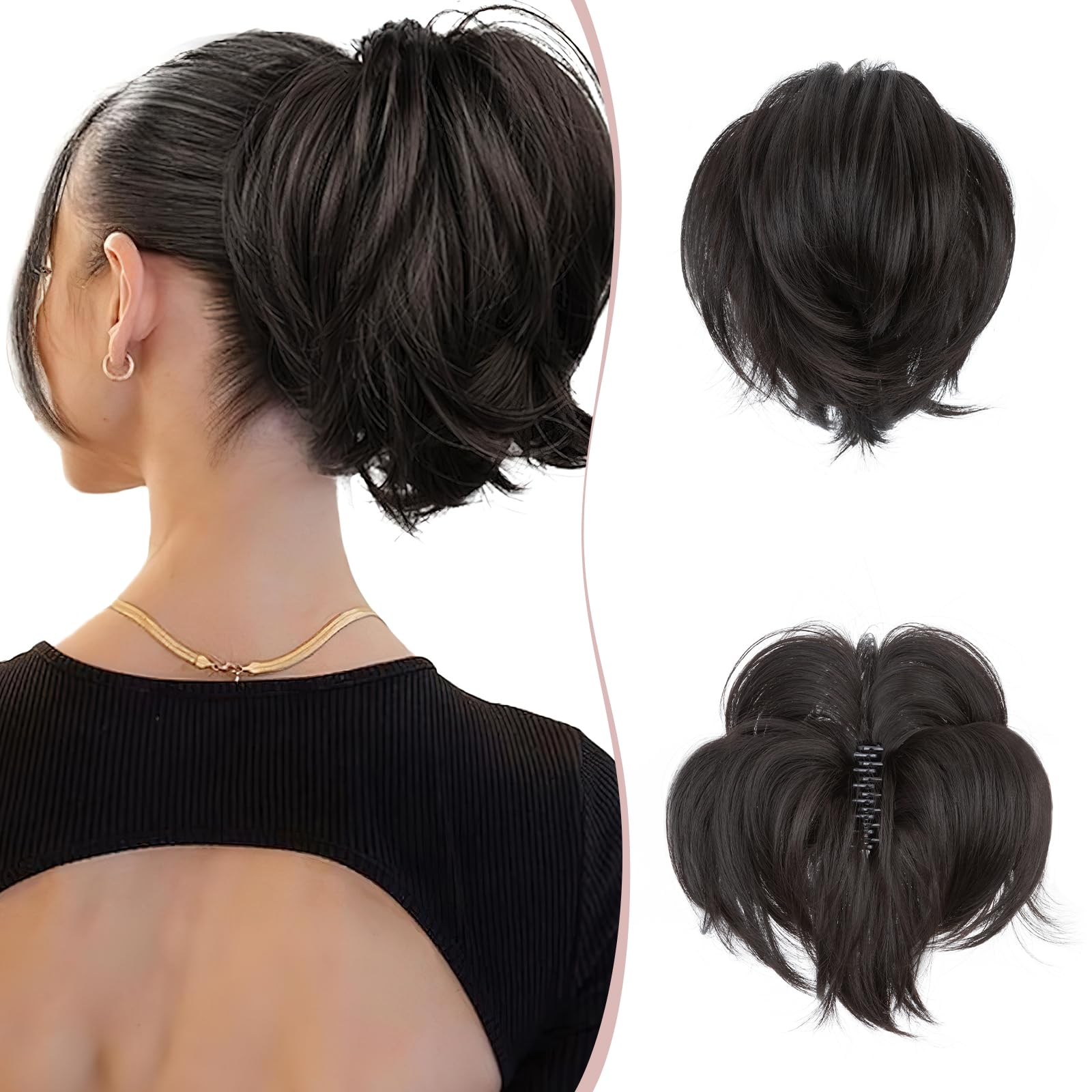SEGO Messy Bendable Claw on Ponytail Hairpiece Synthetic Fluffy Hair Extension Clip in Jaw with 4 Bendable Metals, Dark Brown