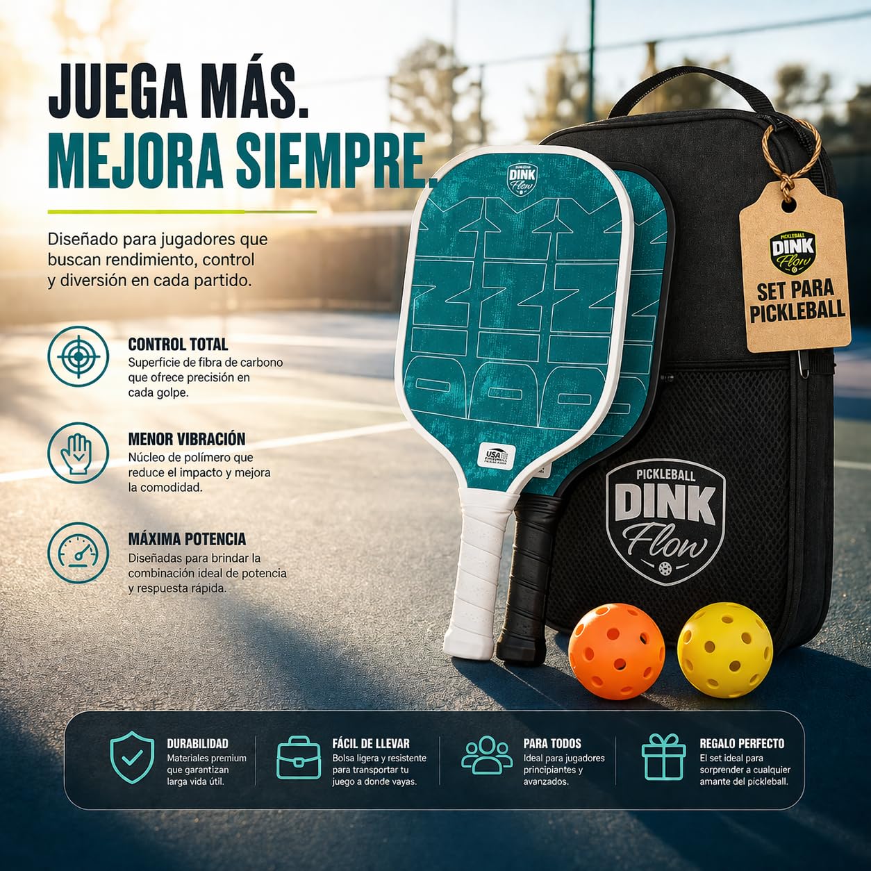 Pickleball Set Profesional – 2 Palas Pickleball de Fibra de Carbono + 4 Pelotas + Bolsa - Raquetas Pickleball Ligeras Antivibración - Pala Pickleball para Interior y Exterior