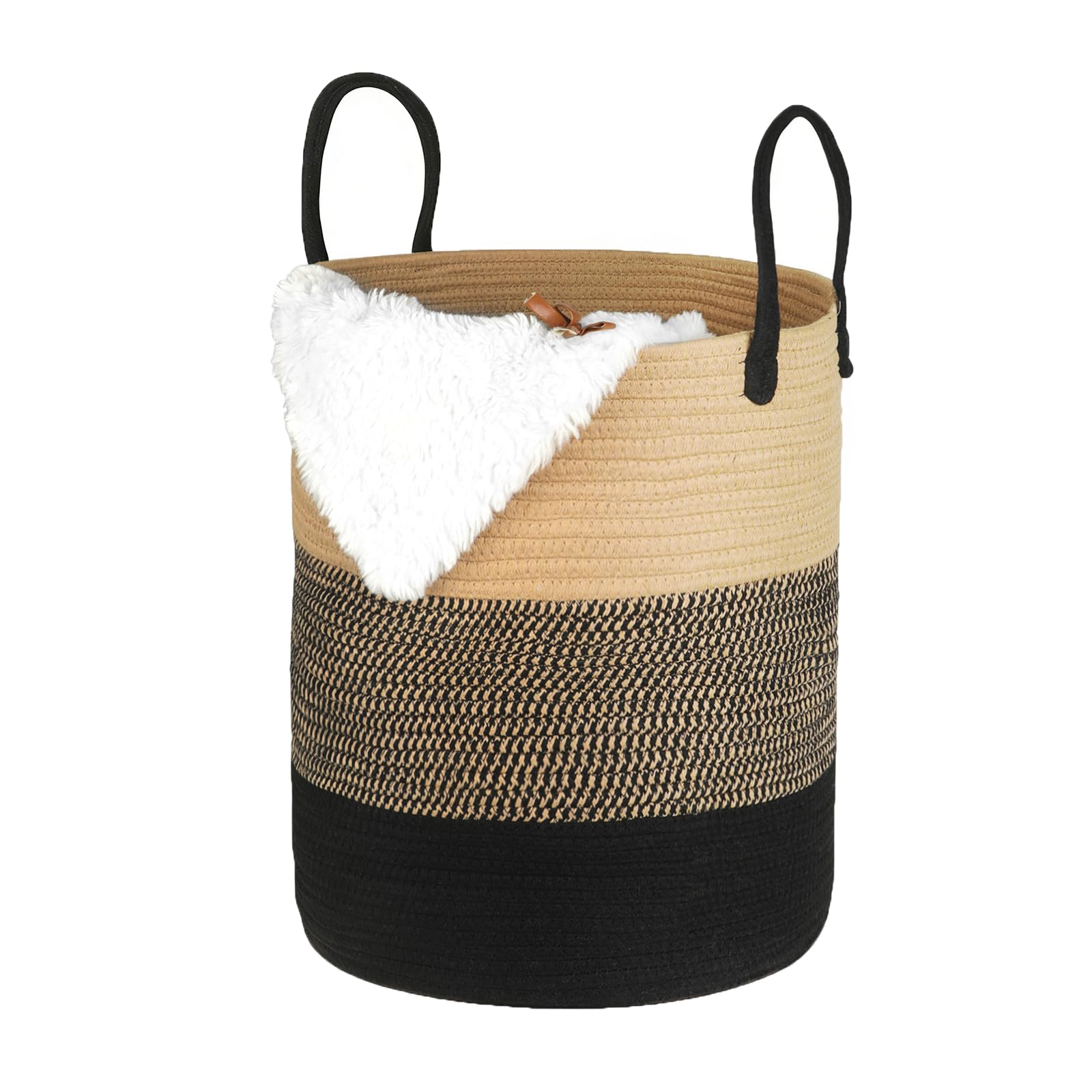 Wäschekorb Geflochten aus Baumwolle, 66L Wäschesammler Groß mit Henkel, Laundry Basket Aufbewahrungskorb Spielzeug, Korb Wäschebox für Wäschekammer Kinderzimmer Wohnzimmer Bad, 45x38cm