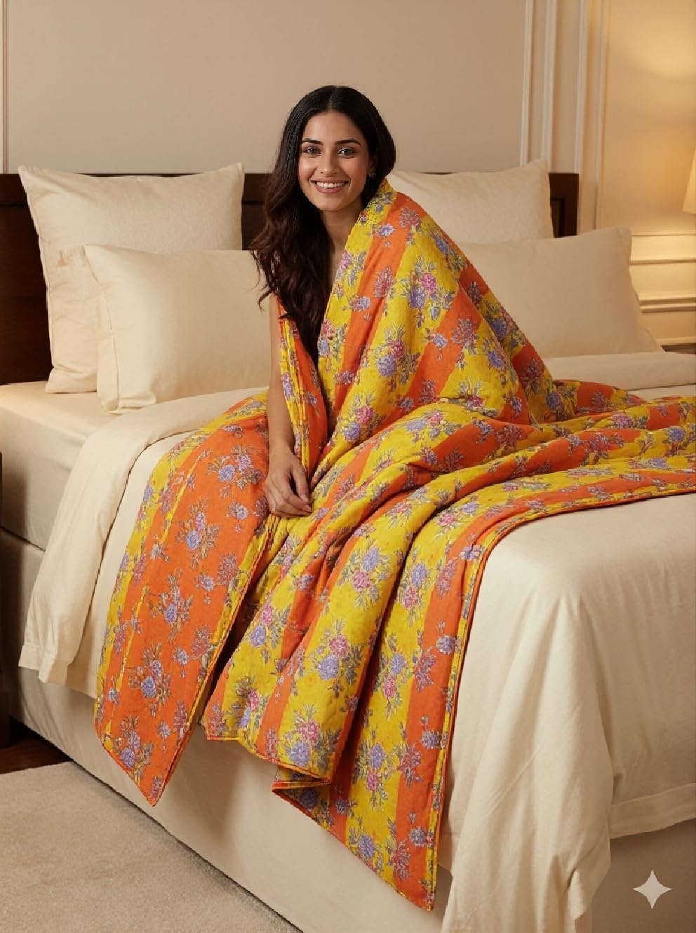 Floral Print Duvet Cover, Yellow and Orange Striped Pattern with Purple Flowers, Modern Bedding for Double Bed, Decorative Bedroom Comforter Cover-image-37