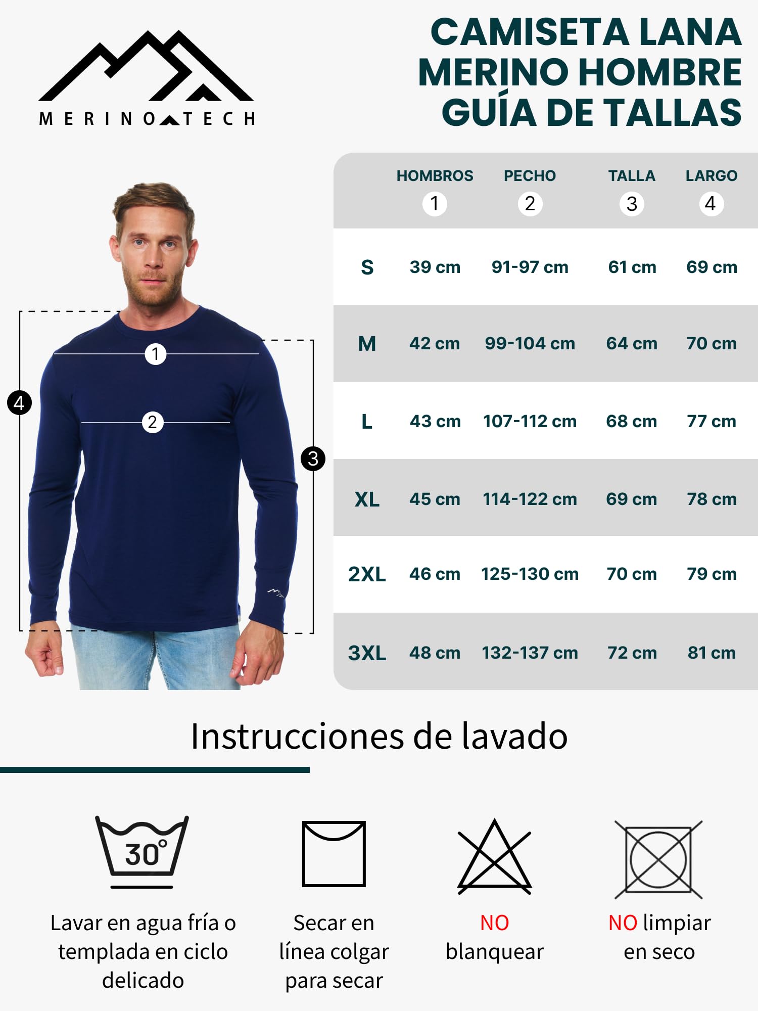 Merino.tech Camiseta Termica Lana Merino Hombre - Ropa Térmica 100% Lana | Absorbe humedad, capa base para todo el año. Pesos: Ligero, Medio y Pesado