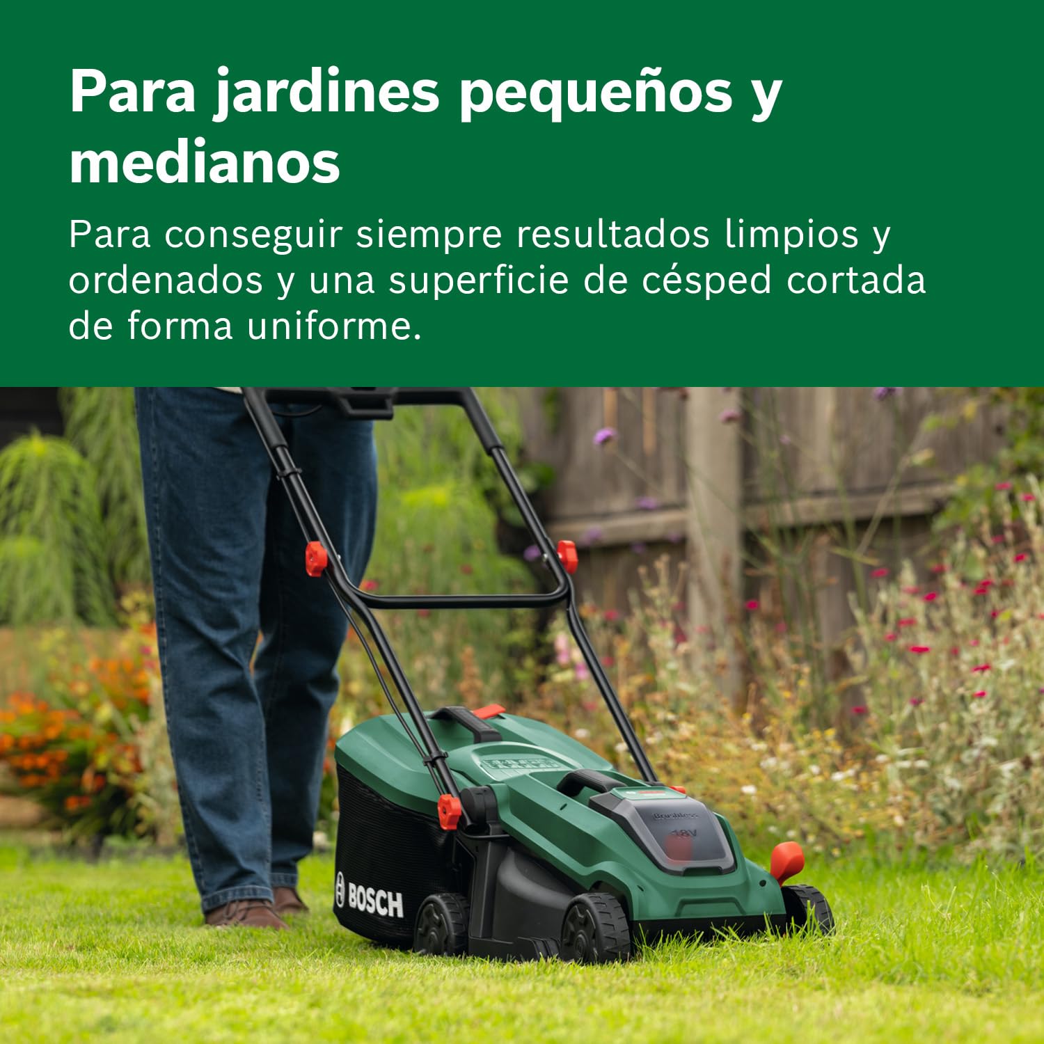 Bosch cortacésped a batería ROTAK18V-32 (anchura de corte: 32 cm, altura de corte: 25-65 mm, cesto de tela de 35 l, tapón para triturado, incluye batería y cargador)