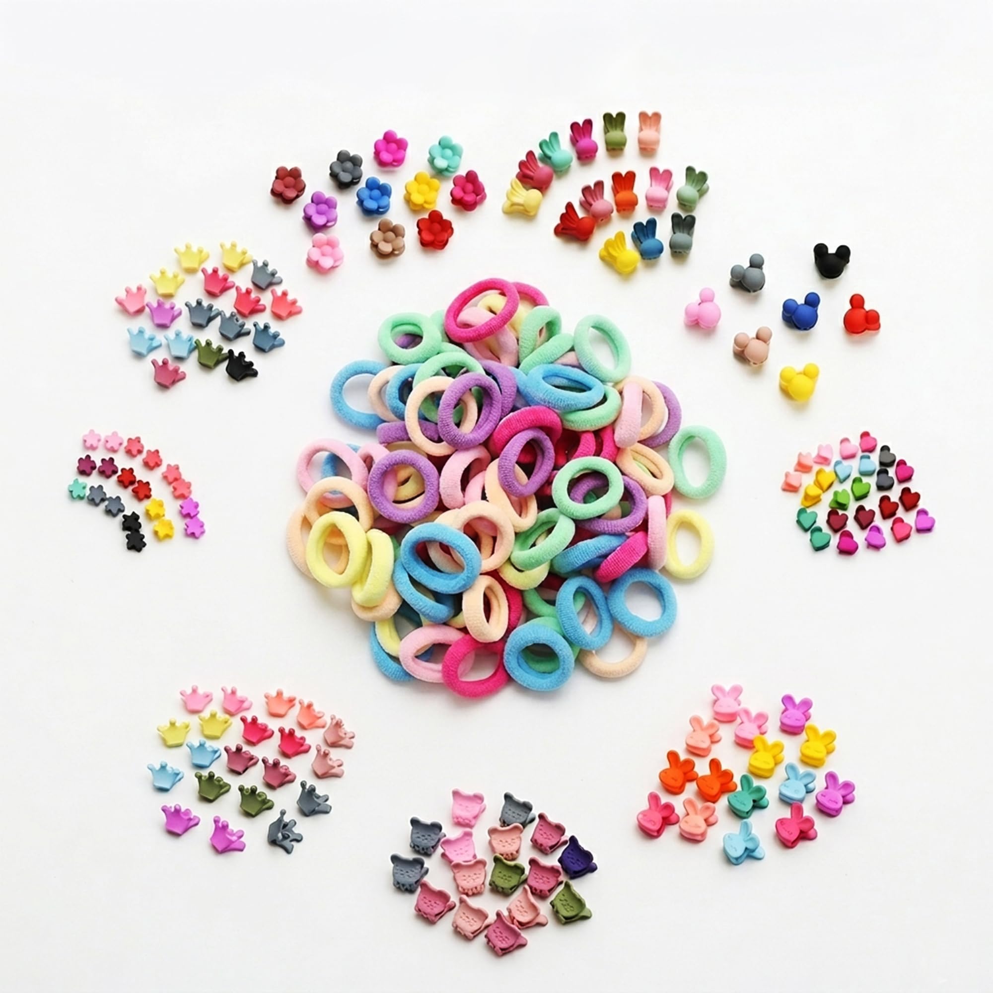 GLUN® 120-Piece Kids Hair Accessories Combo, 50 Multi Candy Color Soft Rubber Bands & 70 Cute Cartoon Design Hair Clips, Colorful & Adorable Styling Set for Girls-picture-22
