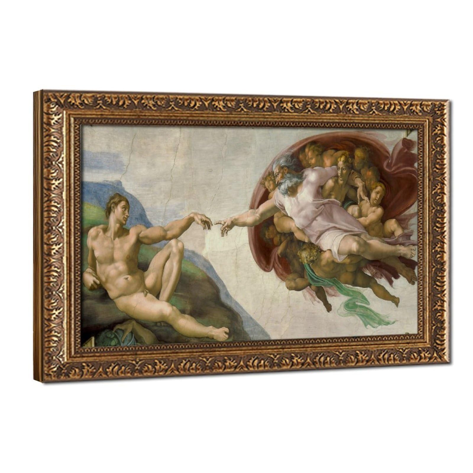 NZIQB Michelangelo The Creation of Adam Canvas Wall Art, High Renaissance Fresco Oil Painting Print, Vintage Italian God Fine Poster for Living Room Decor Hanging Retro Gold Frame 8" L X 12" W