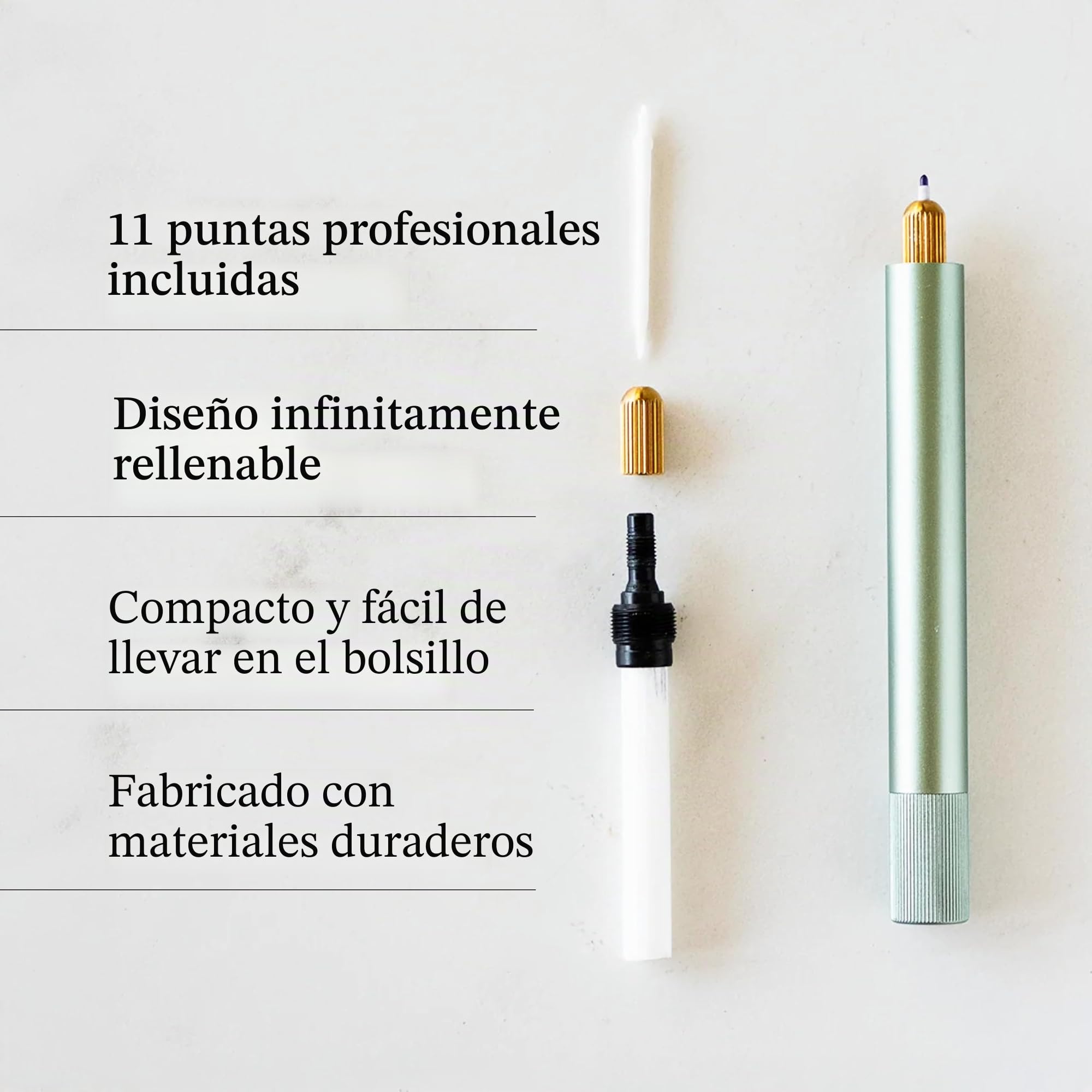Tom's Studio Lumos Mini (Sage) - Bolígrafo de punta fina versátil y recargable en un paquete amigable con el bolsillo, viene con 11 puntas y muestra de tinta negra profunda de 3 ml