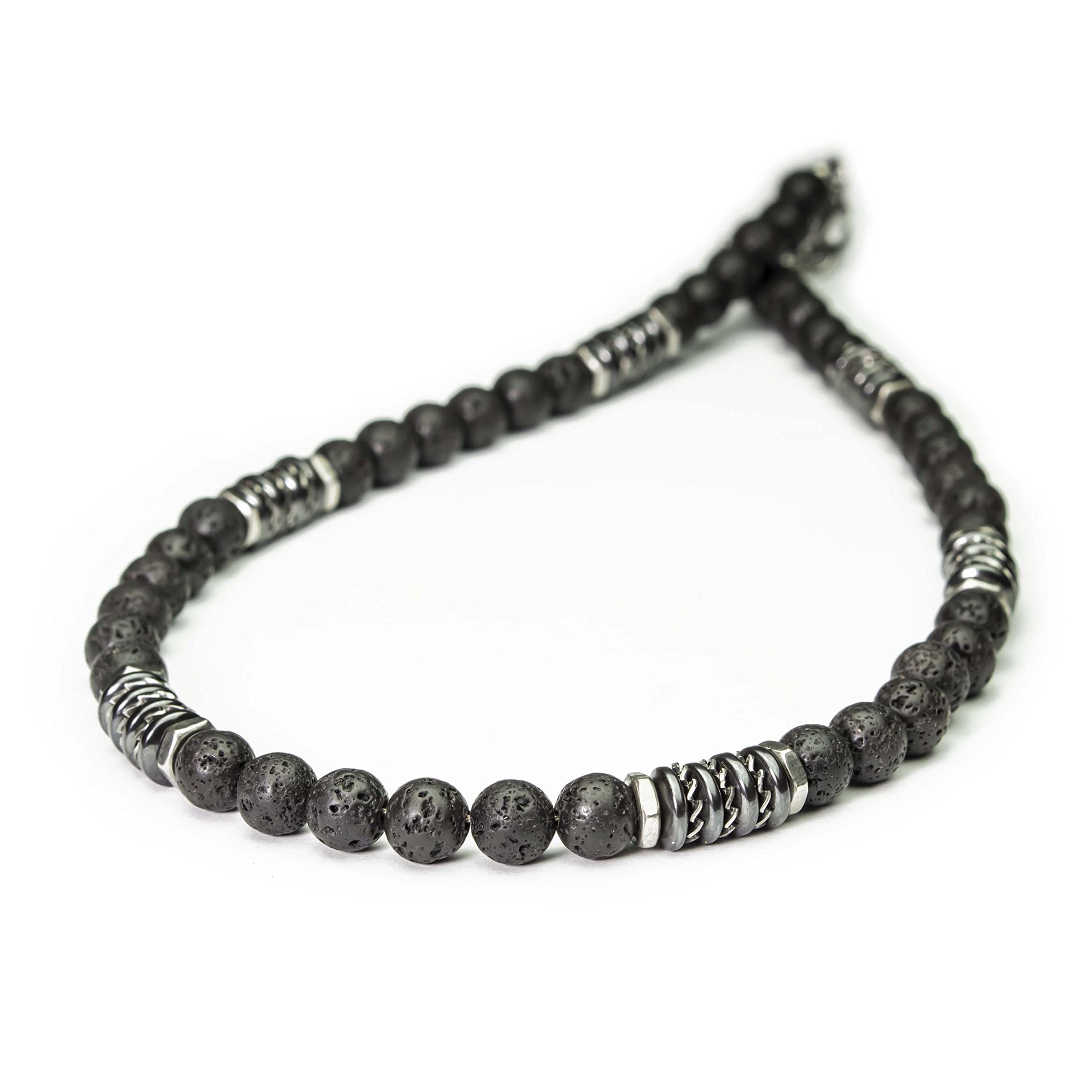 Collier Homme perles 8mm pierre naturelle Lave Volcanique noir rondelles Hématite métal INOX Style antique Fait main en France (40-45cm expédié Amazon)