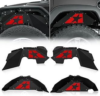 Front & Rear Inner Fender Liners Compatible with 2007-2018 Jeep Wrangler JK & JKU Unlimited (2/4 Doors), Slanted Red Star Style Mud Guards Steel Wheel Well Cover Fenders Flares