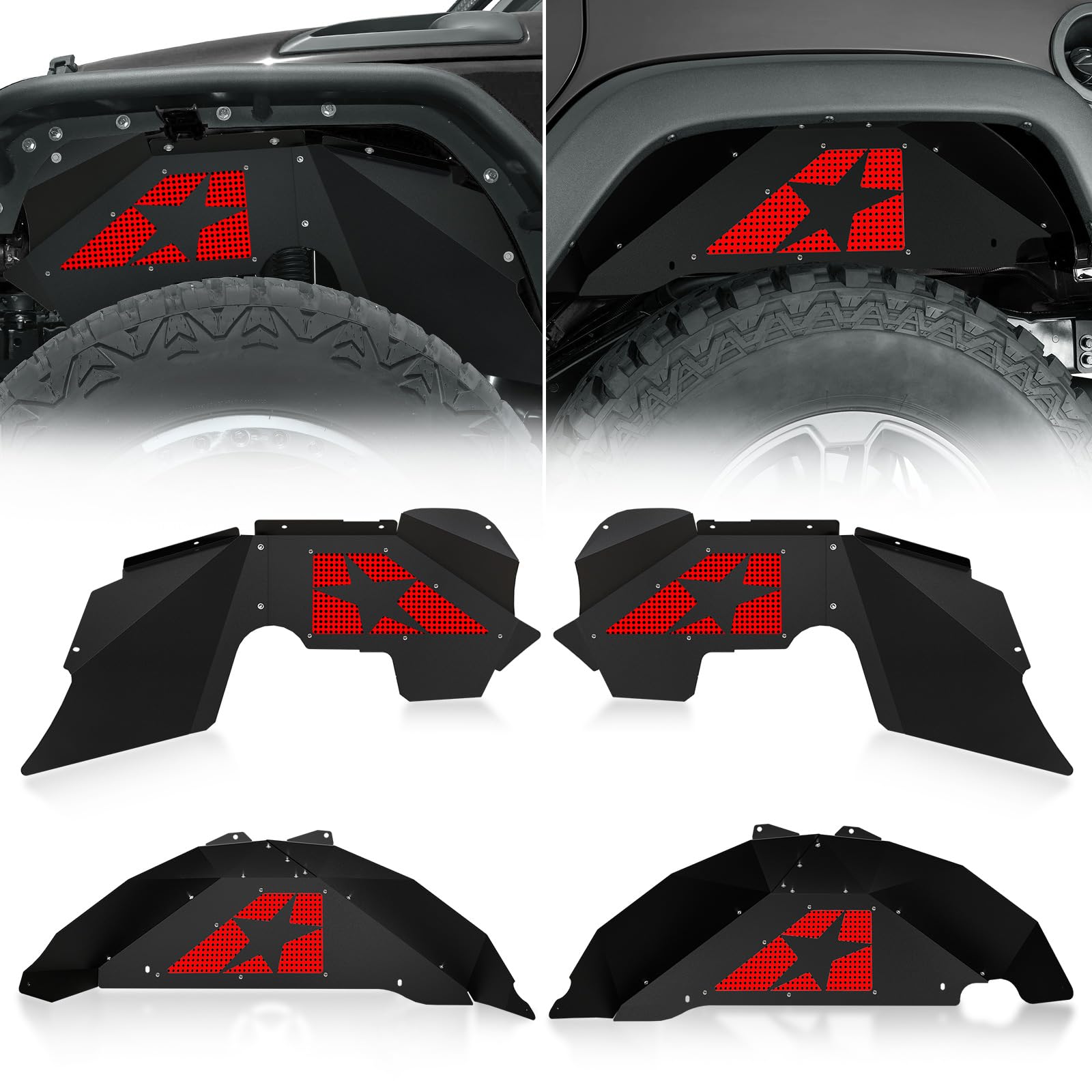 Front & Rear Inner Fender Liners Compatible with 2007-2018 Jeep Wrangler JK & JKU Unlimited (2/4 Doors), Slanted Red Star Style Mud Guards Steel Wheel Well Cover Fenders Flares