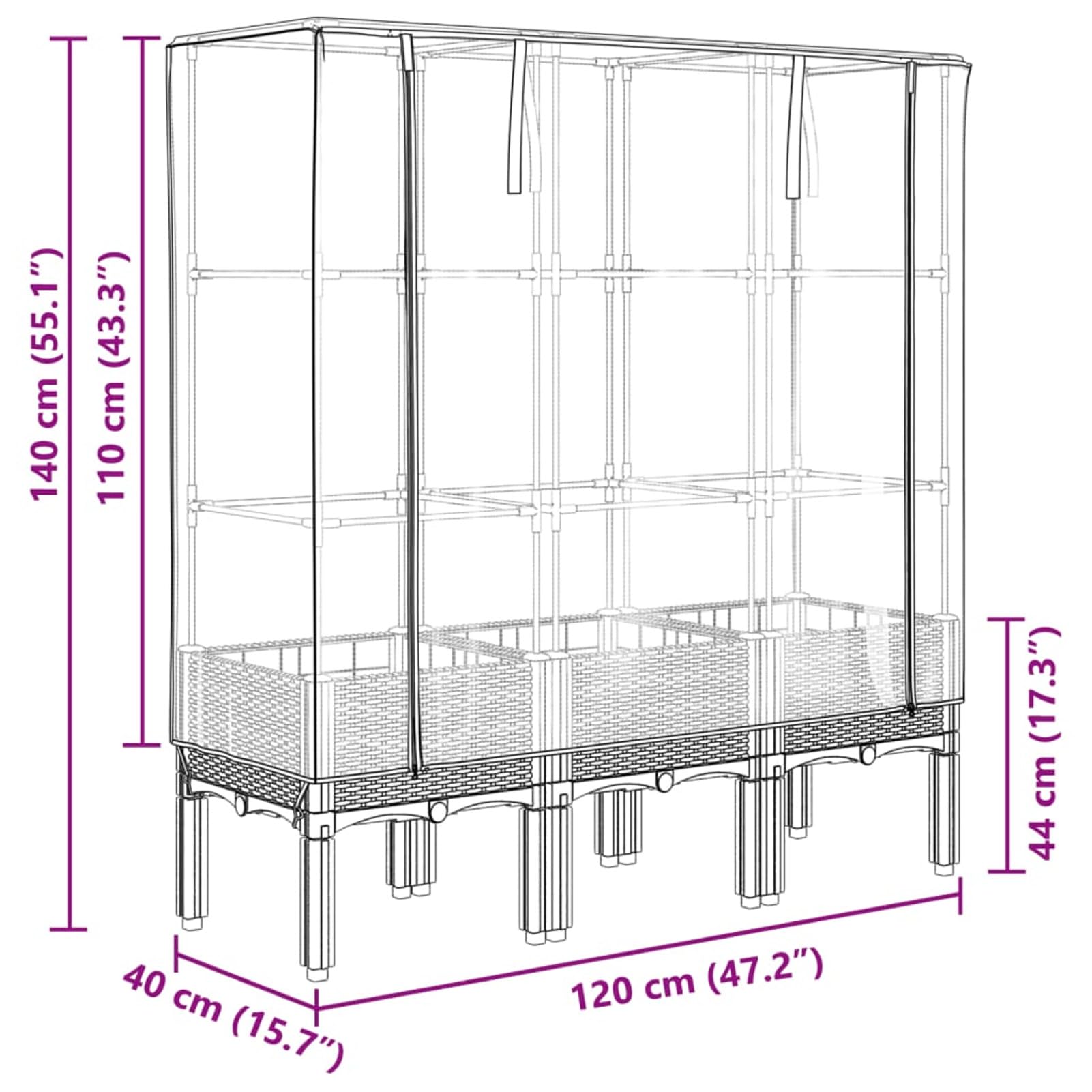 Homgoday Hochbeet mit Gewächshaus-Aufsatz Pflanzkasten Gemüsebeet Blumenkasten Blumenbeet Gartenbeet Pflanzbeet Frühbeet für Balkon Garten Terrasse Rattan-Optik 120x40x140 cm Hellgrau