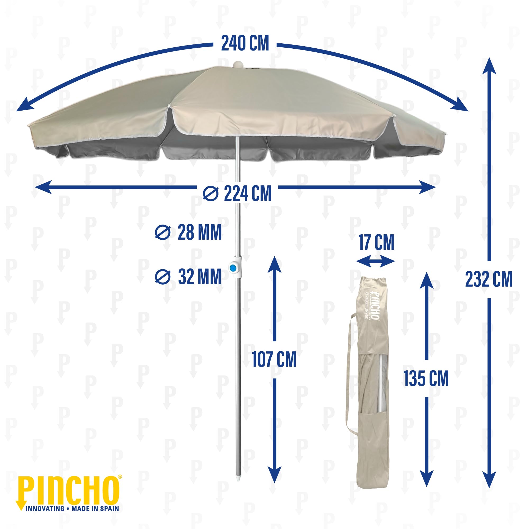 Pincho Ombrellone da spiaggia antivento, 240 cm,grande ombrellone, tetto di ventilazione, protezione UV 50, materiali di qualità,la struttura in alluminio resistente, 8 stecche in fibra di vetro.