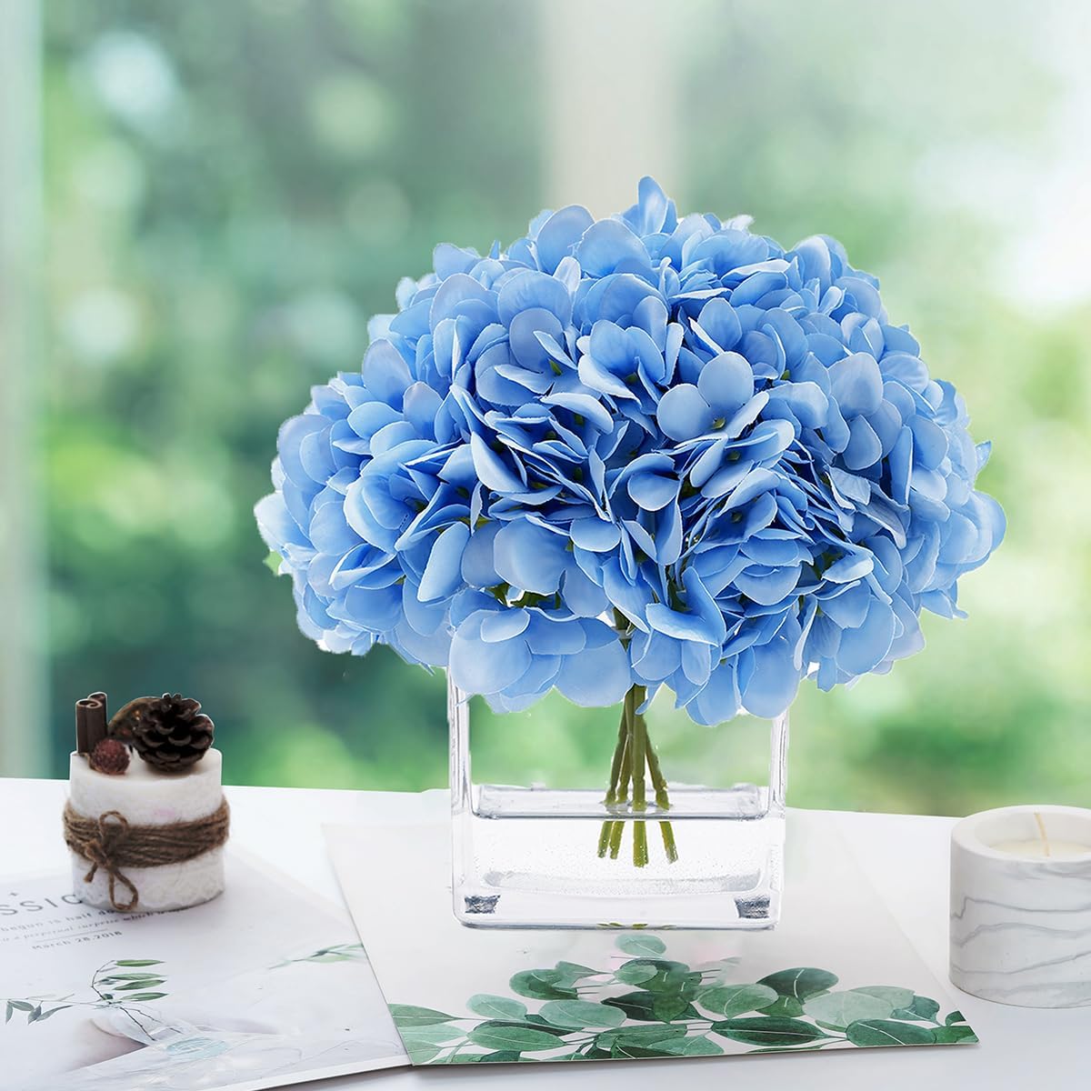 Blue Hydrangea Flowers in Vase, Silk Flowers in Vase with Faux Water for Home Decor Indoor, Wedding Table (Blue) - Image 7