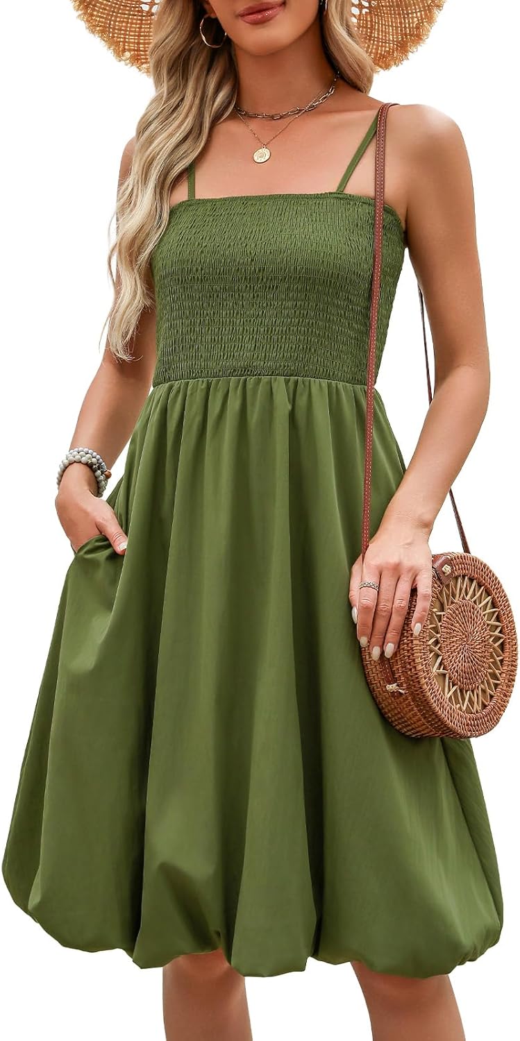 Berydress Womens Summer Smocked Sun Dress with Pockets 2025 Trendy Spaghetti Strap Boho Beach Casual Midi Bubble Dresses