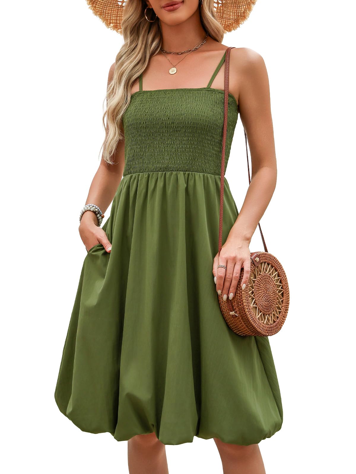 Berydress Womens Summer Smocked Sun Dress with Pockets 2025 Trendy Spaghetti Strap Boho Beach Casual Midi Bubble Dresses