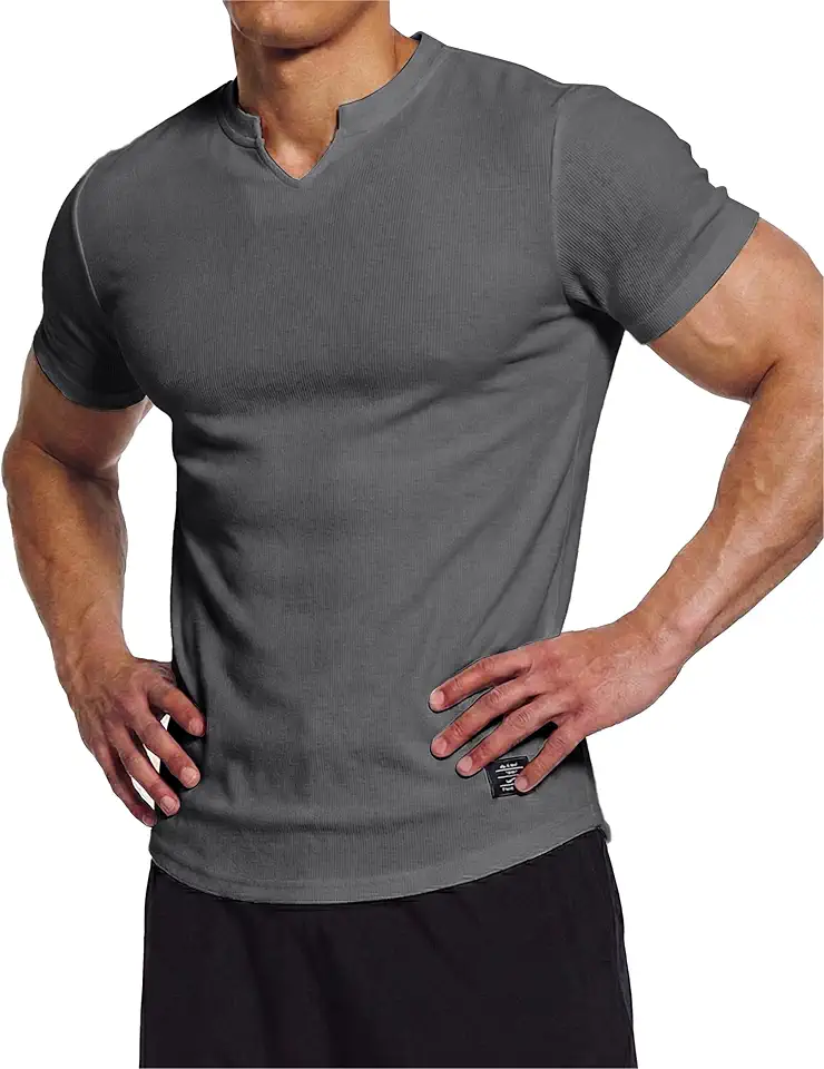 Mens Muscle Slim Fit T Shirts Texture V Neck Gym Workout Athletic Short Sleeve Mens Shirts