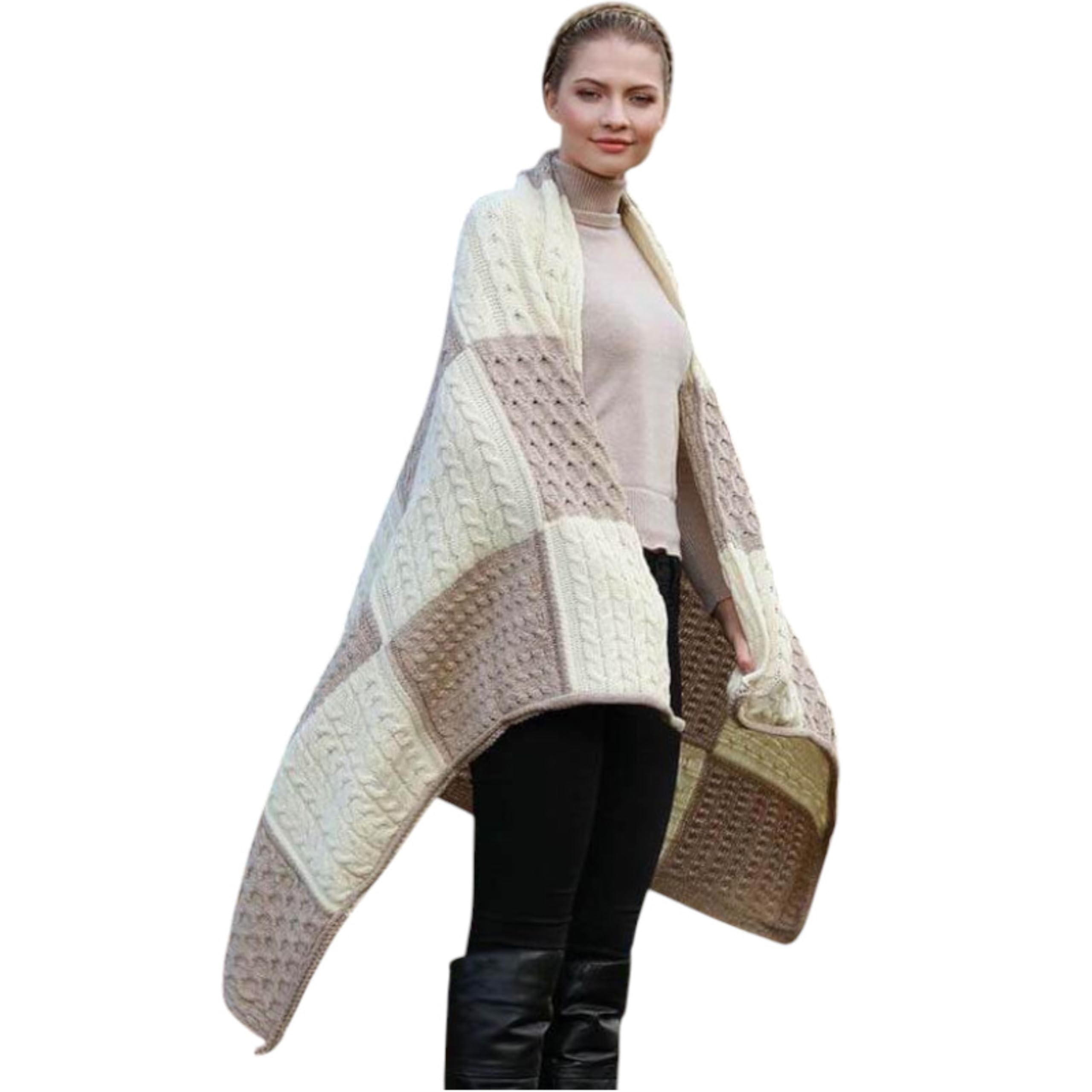 Aran Woollen Mills Patchwork Intarsia Merino Wool Irish Blanket,Wicker/White,One Size