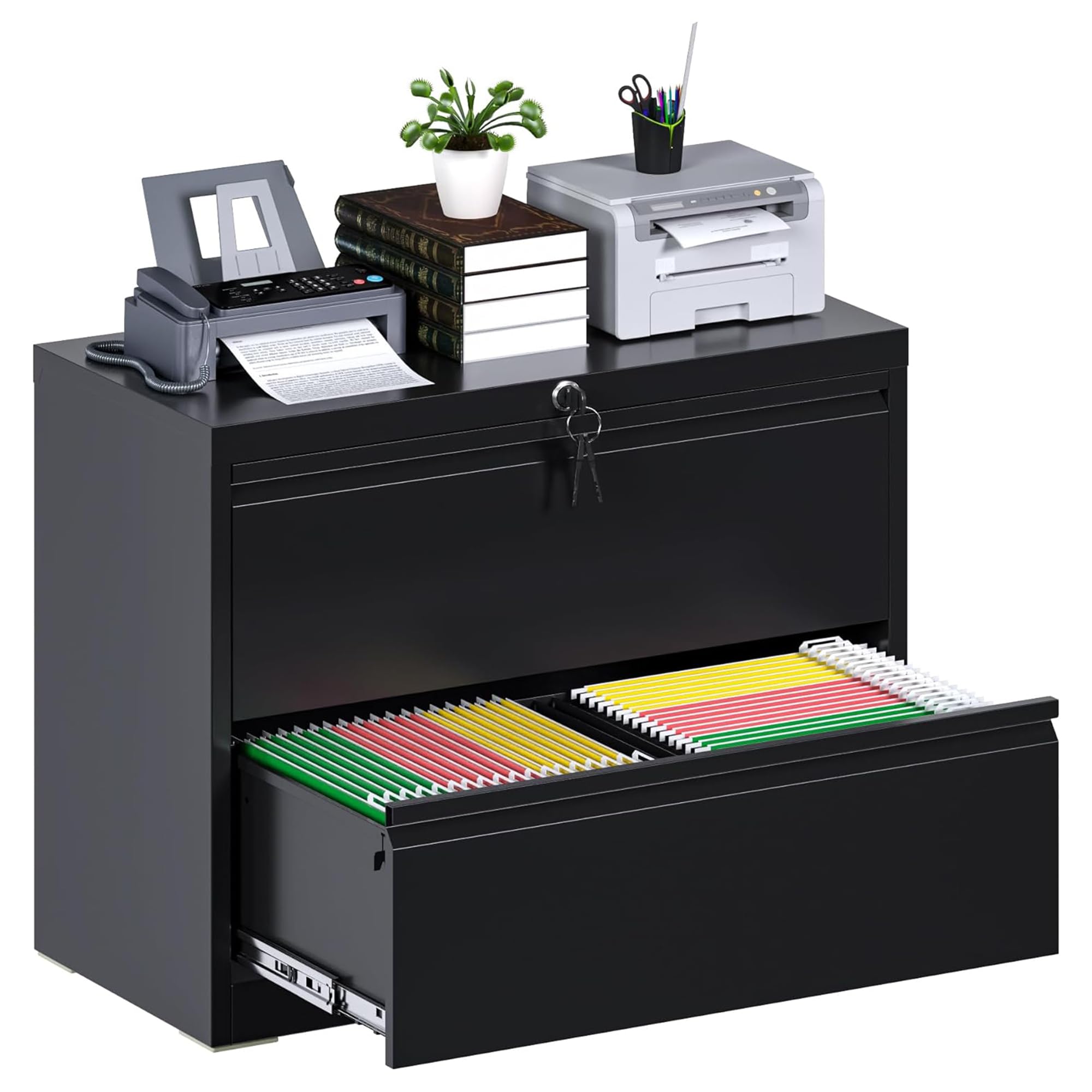 Aobabo 2 Drawer Wide Lateral File Cabinet, Metal Filing Cabinet with Lock, Suitable for Home Office School Hanging Files Letter/Legal/F4/A4 Size,Black,Required-Assembly