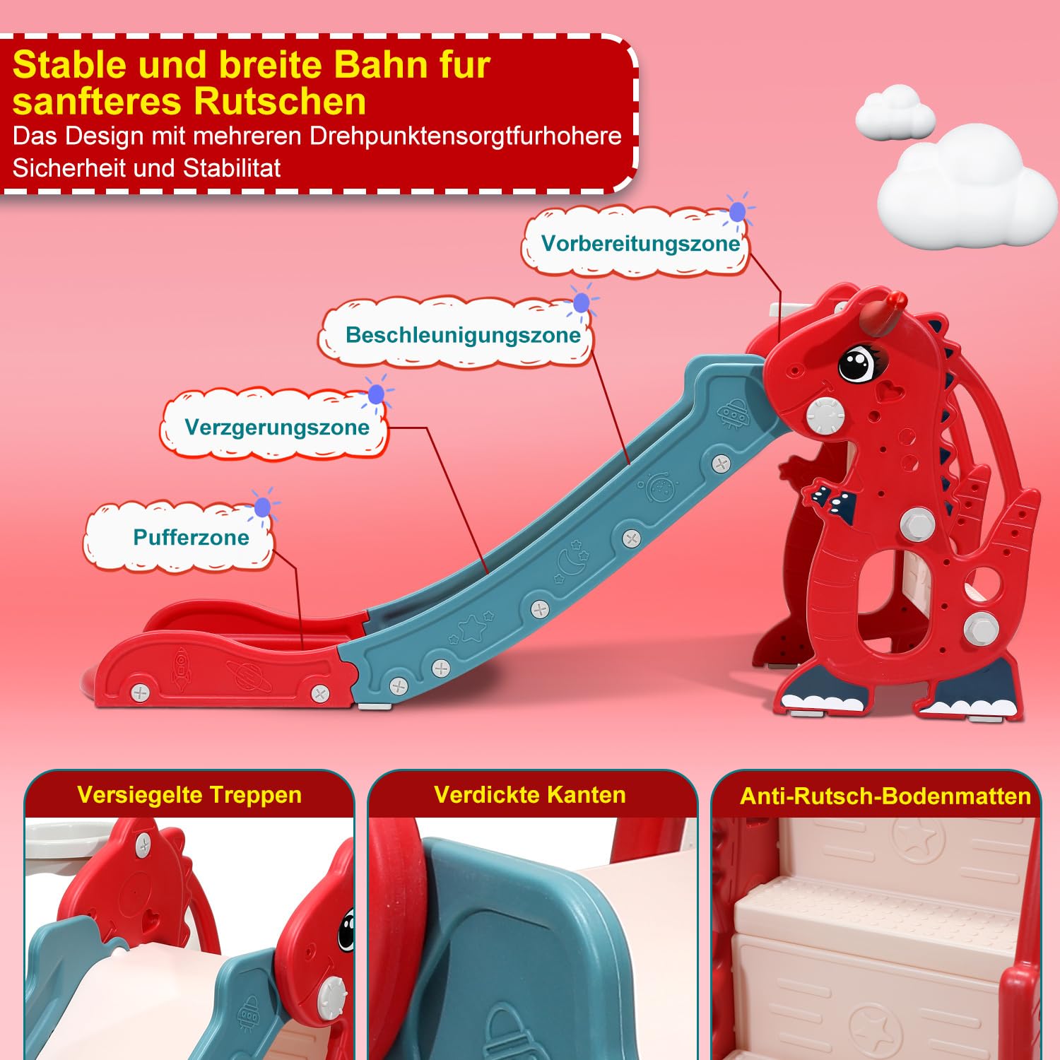 4-in-1 Kinderrutsche Faltbar, Kinder Fun-Slide mit Basketballkorb, Rutsche ab 1 Jahr, Indoor & Outdoor Rutschbahn, Baby Rutsche Gartenrutsche -Rot