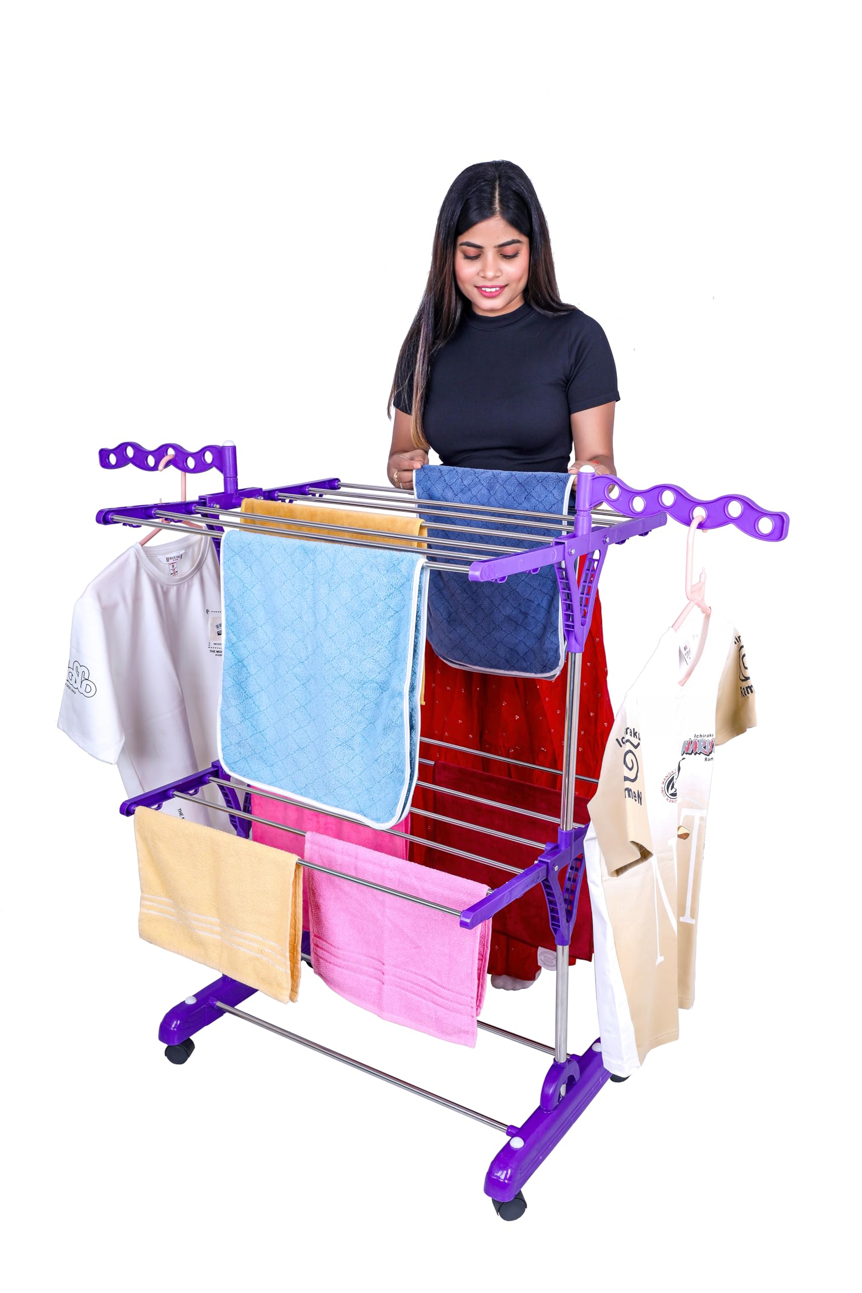 UNIZONE Premium Foldable Cloth Drying Stand | Stainless Steel 2-Tier Single Pole Laundry Rack with Wavy Side Wings & Kite Connectors | Indoor Outdoor Balcony Clothes Dryer Stand (Purple)-picture-30