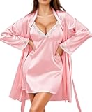 Women’s Satin Sleepwear Set – 2 Piece Lace Cami Nightgown and Long Sleeve Robe Sexy Silk Pajamas Lingerie for Women