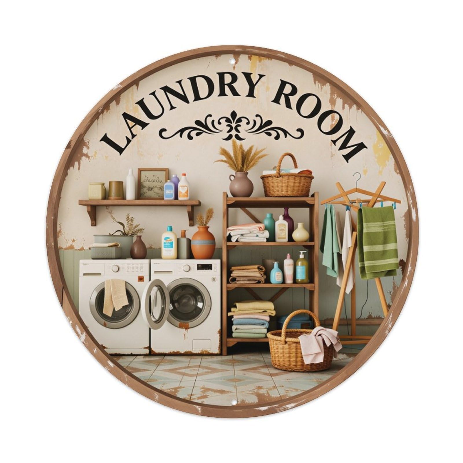 Laundry Room Sign Pattern Round Tin Sign Vintage Metal Poster, Home Bar Garage Man Cave Cafe Indoor & Outdoor Wall Decoration 8x8Inches