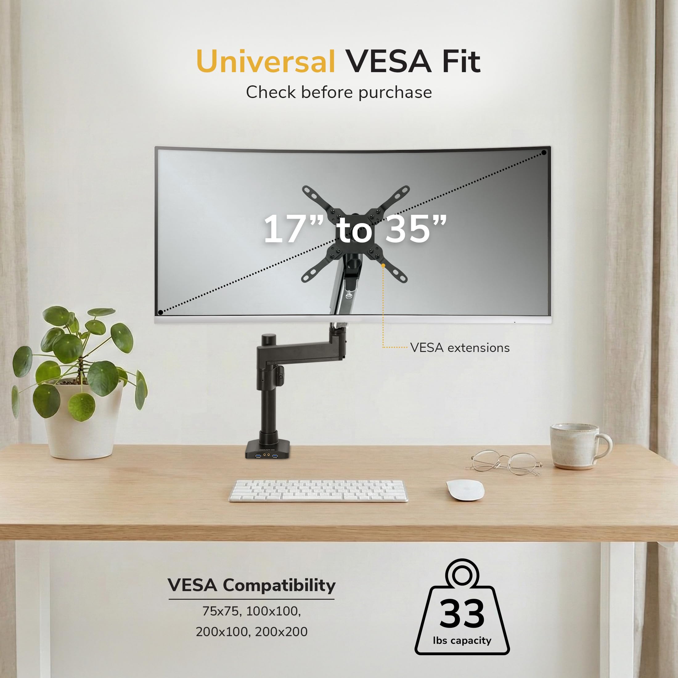 Mount-It! Ultrawide uchwyt biurkowy na monitor, pojedynczy uchwyt na monitor do ciężkich monitorów do 35 cali i 15 kg, kompatybilny z VESA 100, 200 mm, ramię sprężynowe z regulacją wysokości, 2 x USB