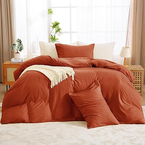 Miniatura 9 de Juego de funda de edredón de tamaño matrimonial, color naranja quemado de 3 piezas, funda de edredón de microfibra cepillada refrescante con cierre