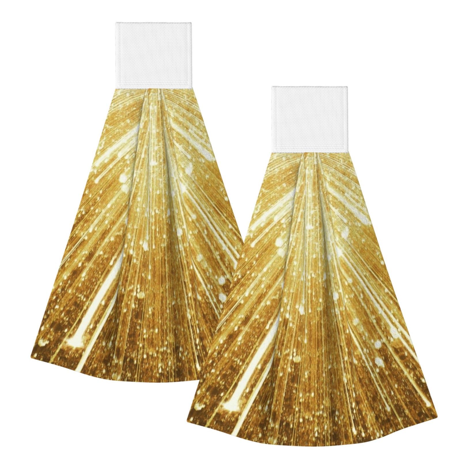DOPKLNA Gold Bling Printed, 2 Pcs Hanging Coral Fiber Hand Towels for Bathroom, Absorbent Kitchen Towels