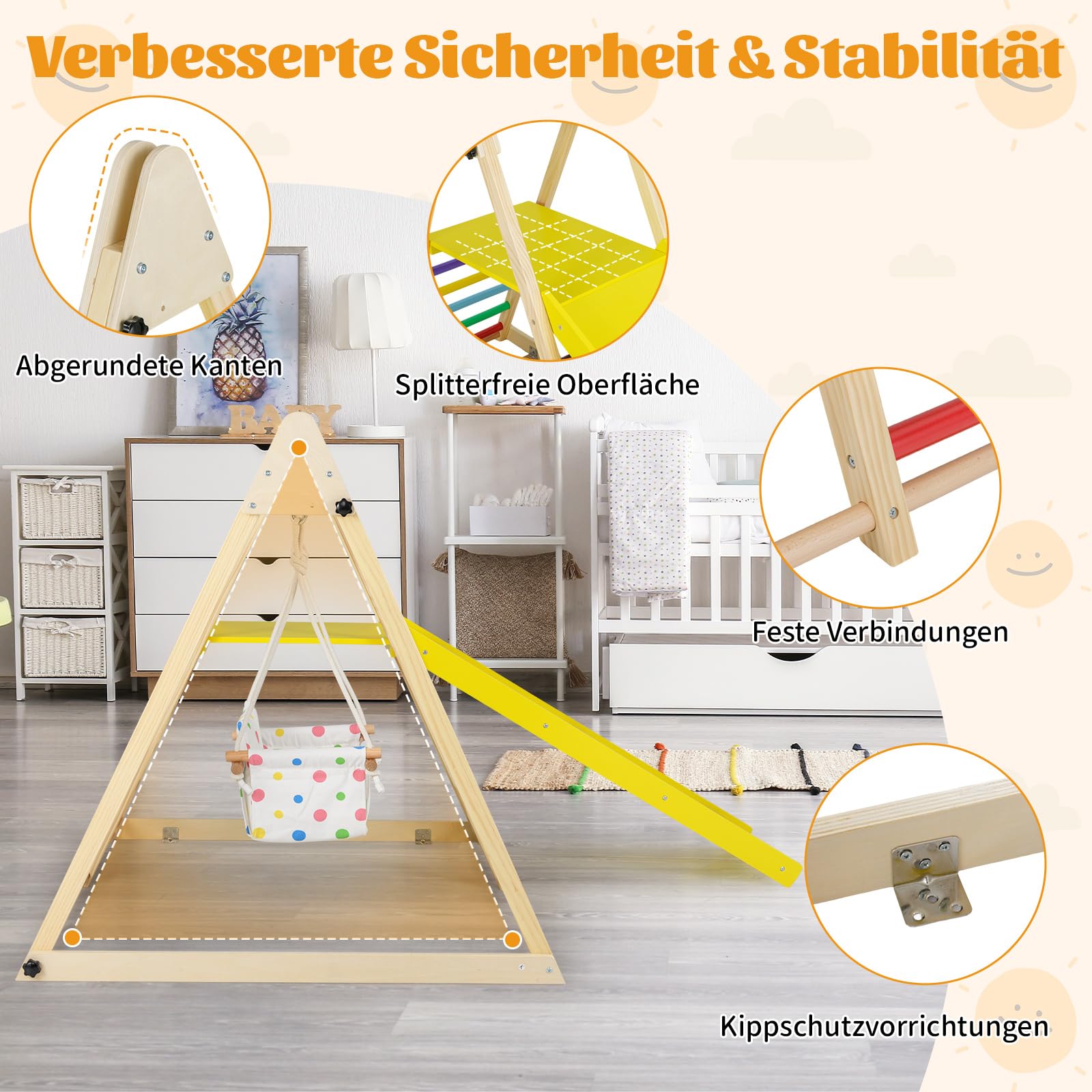 COSTWAY Klettergerüst Indoor, 4 in 1 Schaukel & Ruheplattform & Kletterrampe & Leiter, Kletterset zum Klettern & Rutschen, Kinder Spielplatz Holz, für Kinder ab 1 Jahr (Bunt)