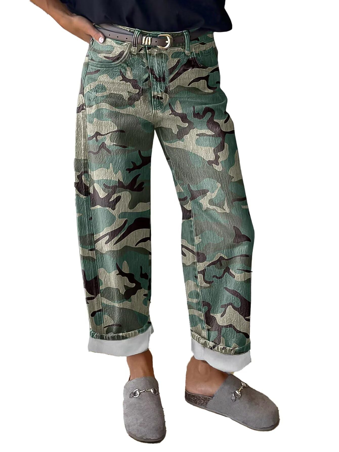 Flamingals Camo Straight Leg Pants for Women Mid Rise Baggy Casual Pants Without Belt