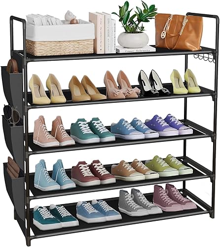 Zapatero independiente de 5 niveles, organizador de zapatos que ahorra espacio con bolsillos laterales y ganchos de metal, zapatero ajustable para