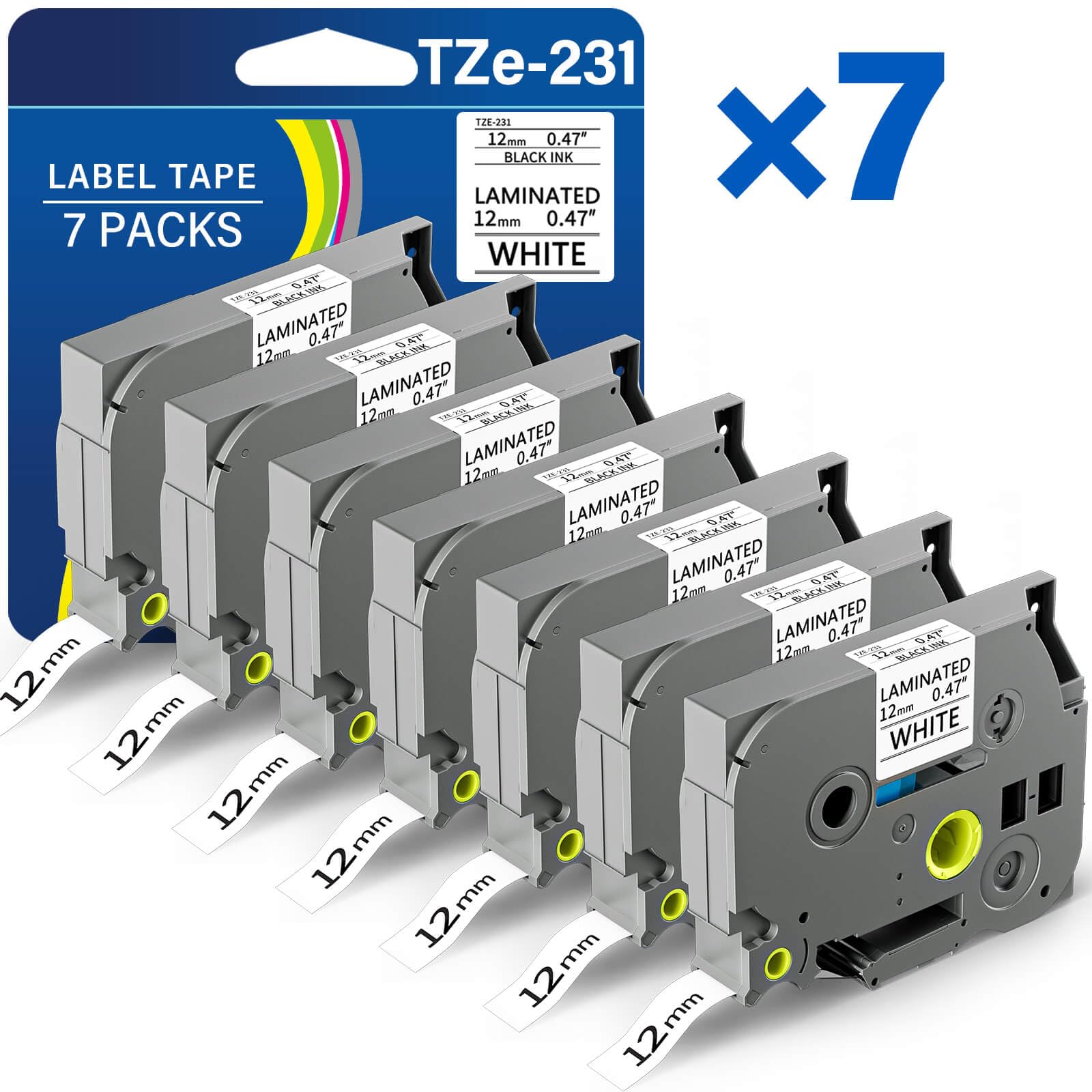 6+1 Pack TZE-231 12mm 0.47 Laminated White Tape Replace for Brother Label Maker Tape Compatible with P-Touch TZ TZe 1/2" Black on White TZE231 for PT-D220 D210 H110 D200 D400 1280 D610BT Refills