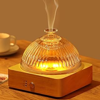 Glass Essential Oil Diffuser Humidifier, 200ml Ultrasonic Aroma Diffusers with Glass Reservoir Wood Base Auto-Off Cool Mist Timer, Dusk Flame Warm Light Plastic Free Dome Air Diffuser for Home Gift