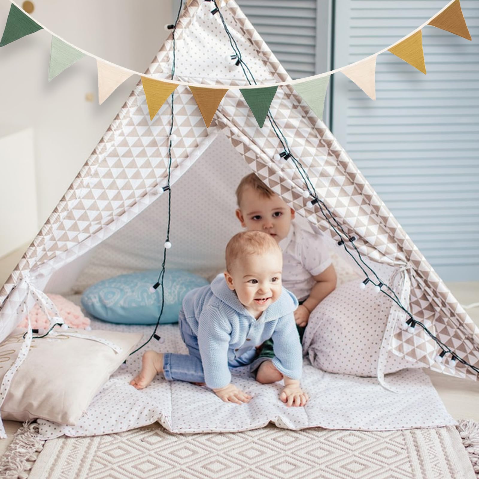 Guirlande Fanions Triangles En Coton Coloré - Décoration Fête Anniversaire, Baby Shower, Chambre Bébé (Vert Morandi), 2.6 Mètres