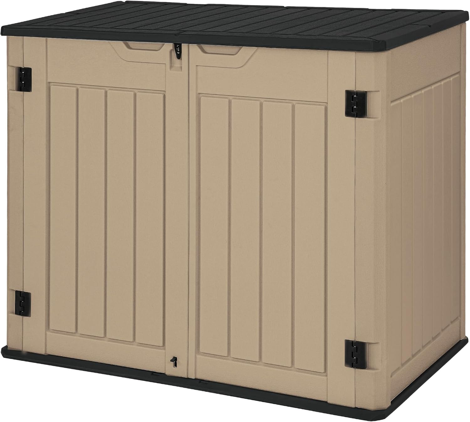 DWVO 47 cu ft Spacious Horizontal Storage Unit, Outdoor Resin Tool Locker Without Shelf, Waterproof Lockable Container with Base for Gardening, Waste Bins, Grass Cutter, 4.5x2.8x3.9 ft, Brown Brown Extra Large-47 cuft