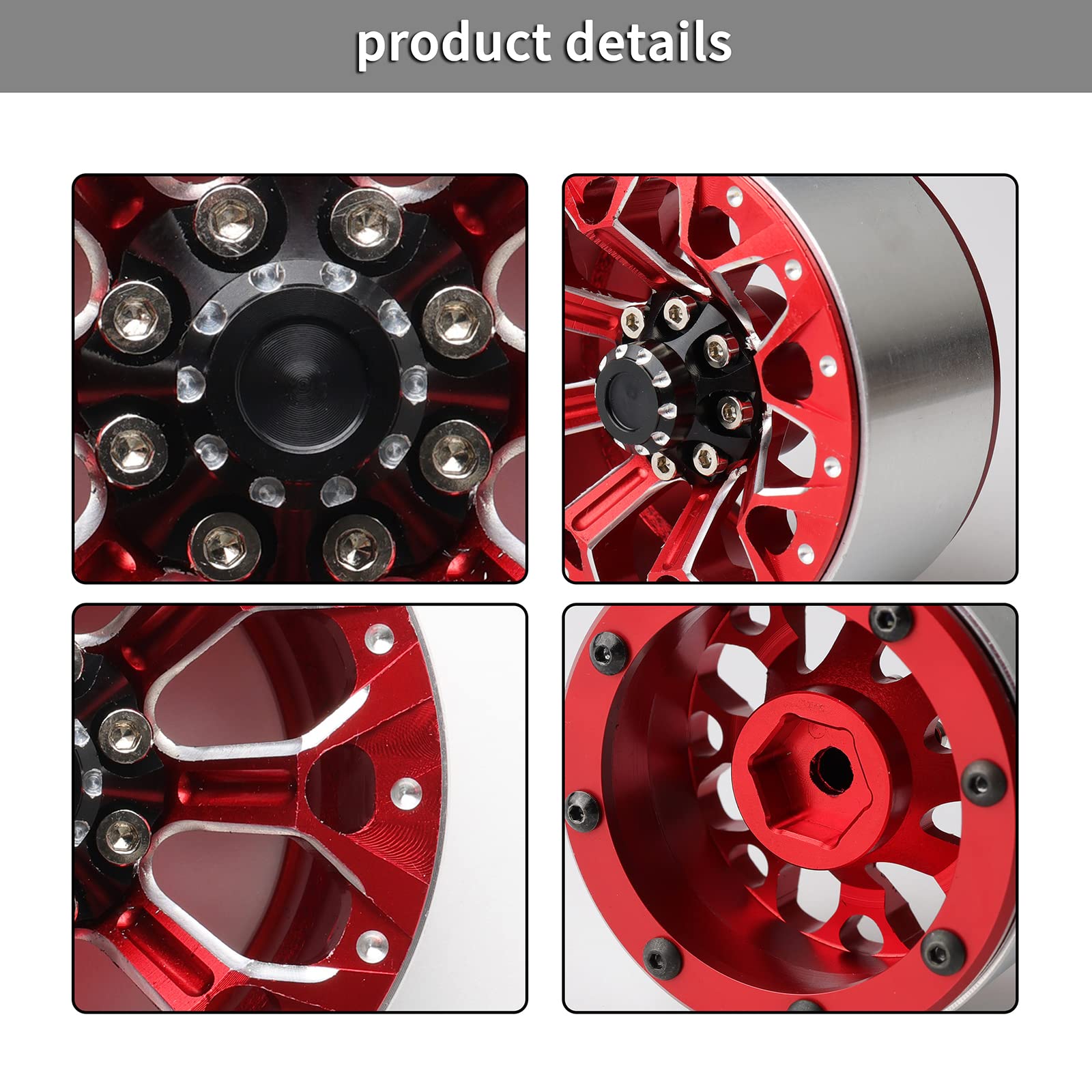 Rchobbytop 4pcs 1.9" Aluminum Beadlock Wheels For 1/10 RC Crawler - Black/Red, 12mm Hex, For TRX-4, SCX10, Axial - View #3