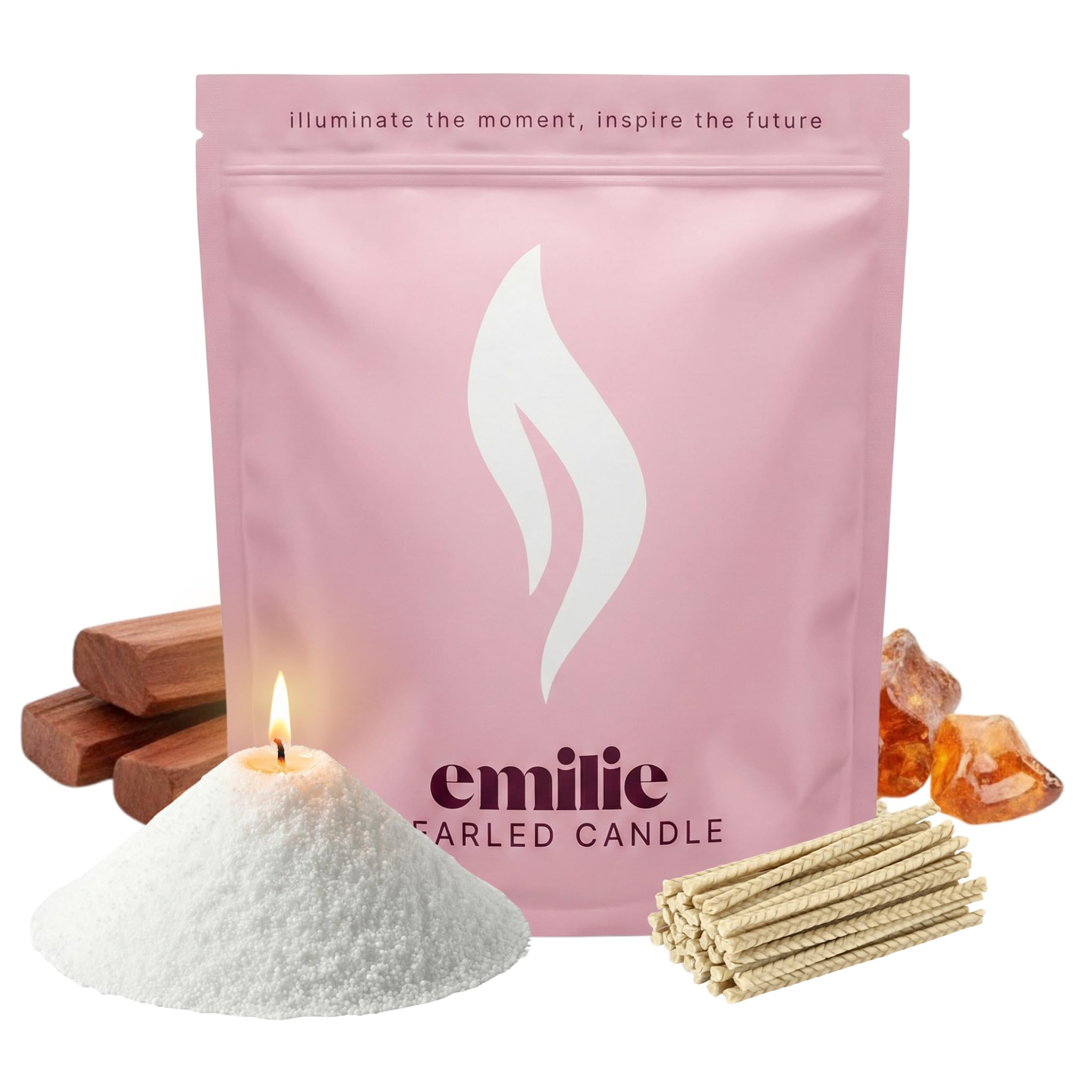 Emilie Pearled Candle 500g/1kg Refillable Wax Pearls – White Scented Pearled Candle for Any Container – Self-Extinguishing, Plant-Based, Reusable – 30/50 Cotton Wicks (500g, Sandalwood & Amber)
