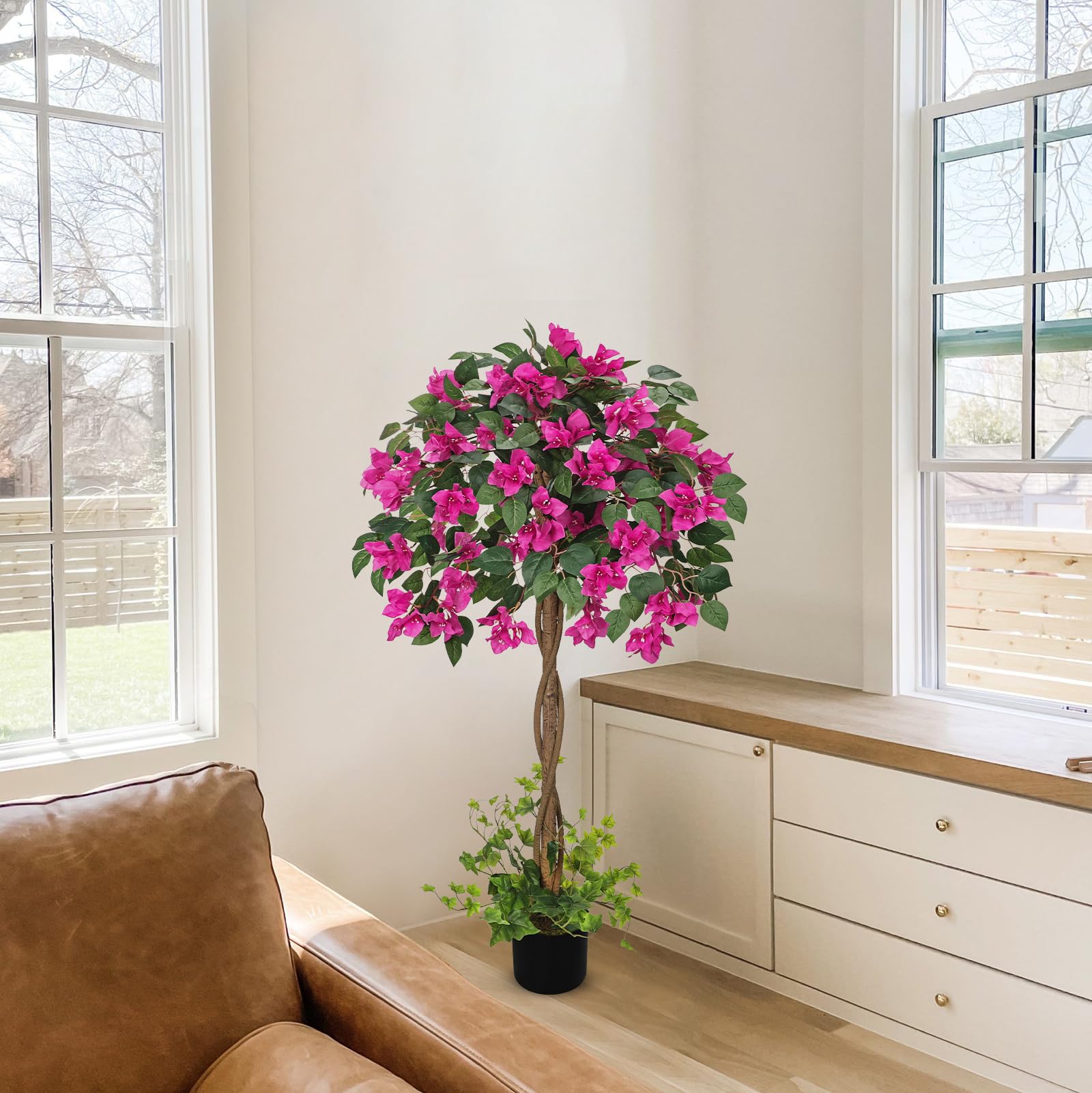 Árbol artificial de 120 cm de Bougainville con flores, planta artificial de triple flor, planta decorativa grande, plantas artificiales para interior, pasillo, sala de estar, dormitorio