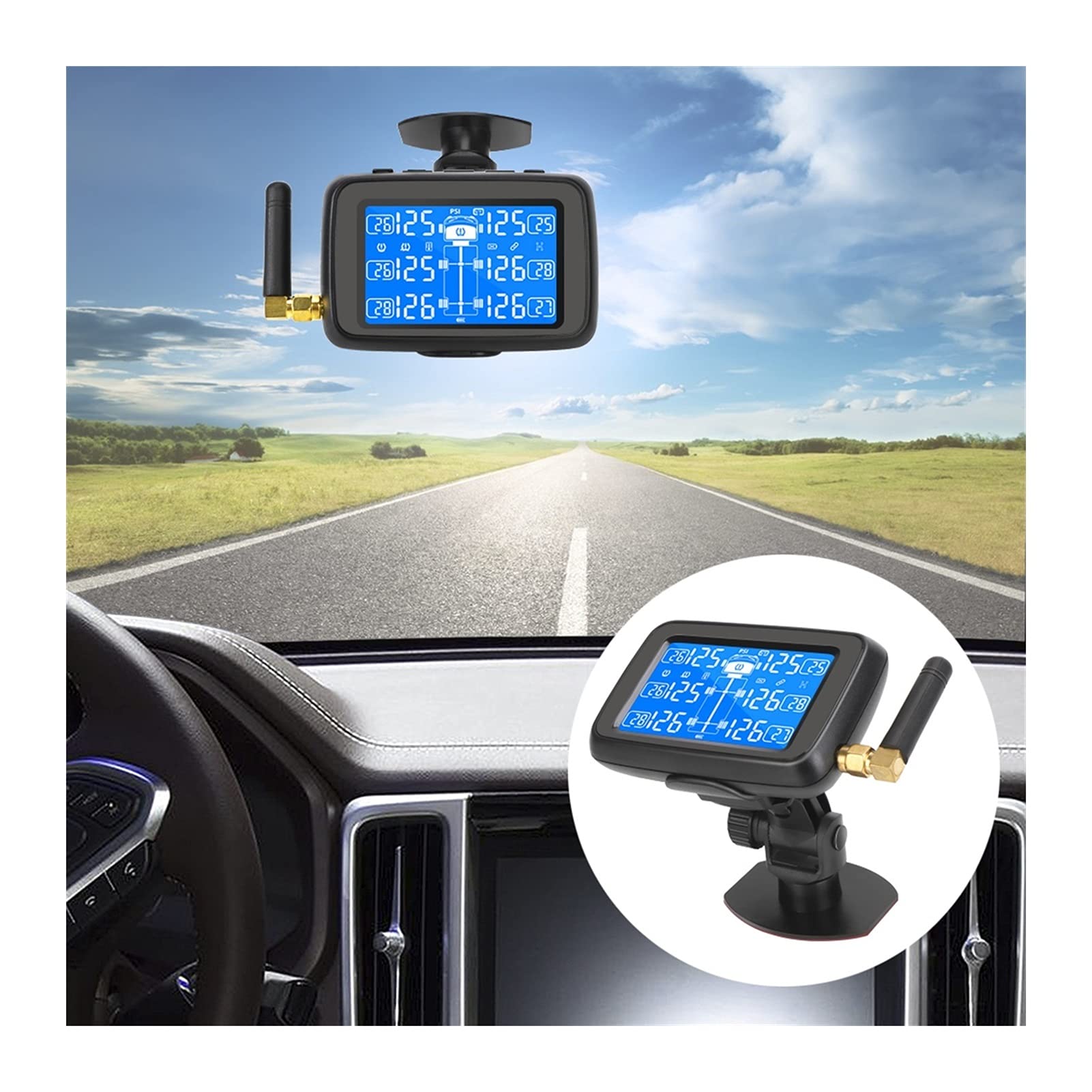 Monitor TPMS Wireless Con Pannello Solare E 4 Sensori Esterni – Auto, Camper, SUV, 0-51 PSI, Ricarica USB/Solare