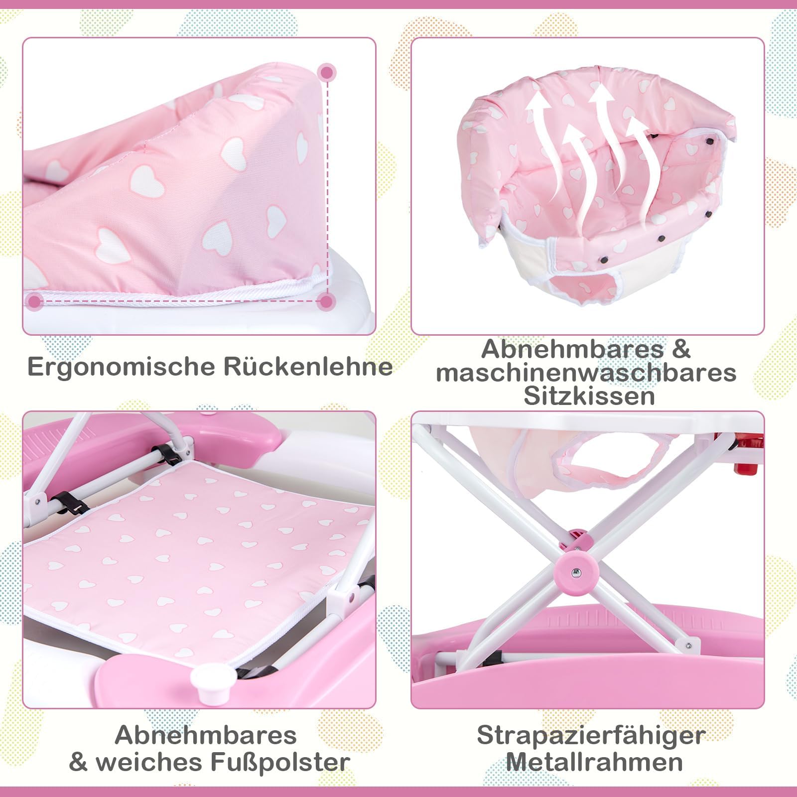 COSTWAY 6 in 1 Lauflernhilfe, Lauflernwagen mit abnehmbarem Spielboard & Fußpolster, Baby Walker höhenverstellbar & klappbar, Laufwagen mit Musik & Licht, Gehfrei baby ab 6 Monaten (Rosa)