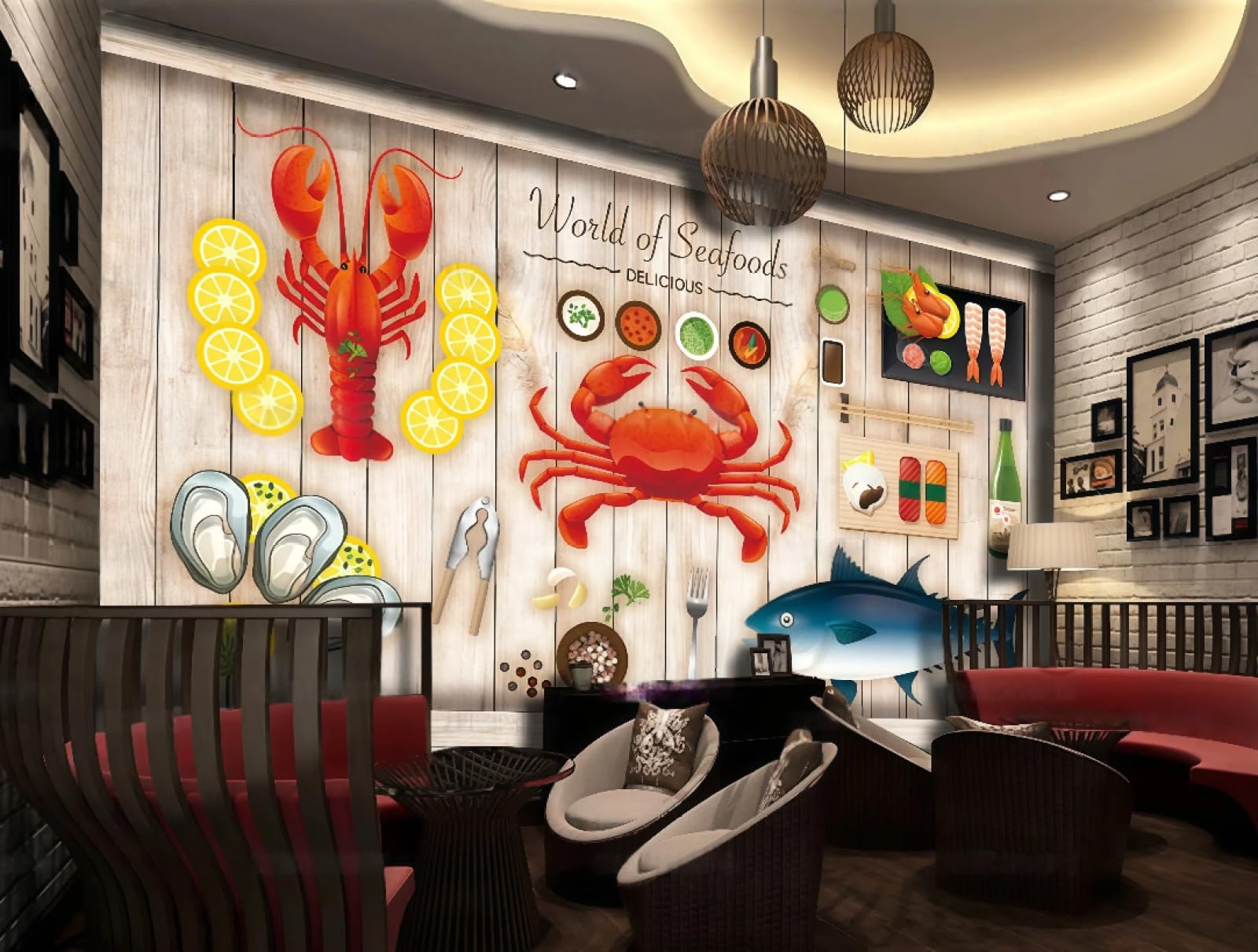 rskjdghshd Wallpaper Retro Wood Grain Board Hand-Painted Seafood Restaurant Restaurant Dessert Cake Shop Background Wall Western Restaurant Wallpaper Cafe Mural,3D,430x300cm