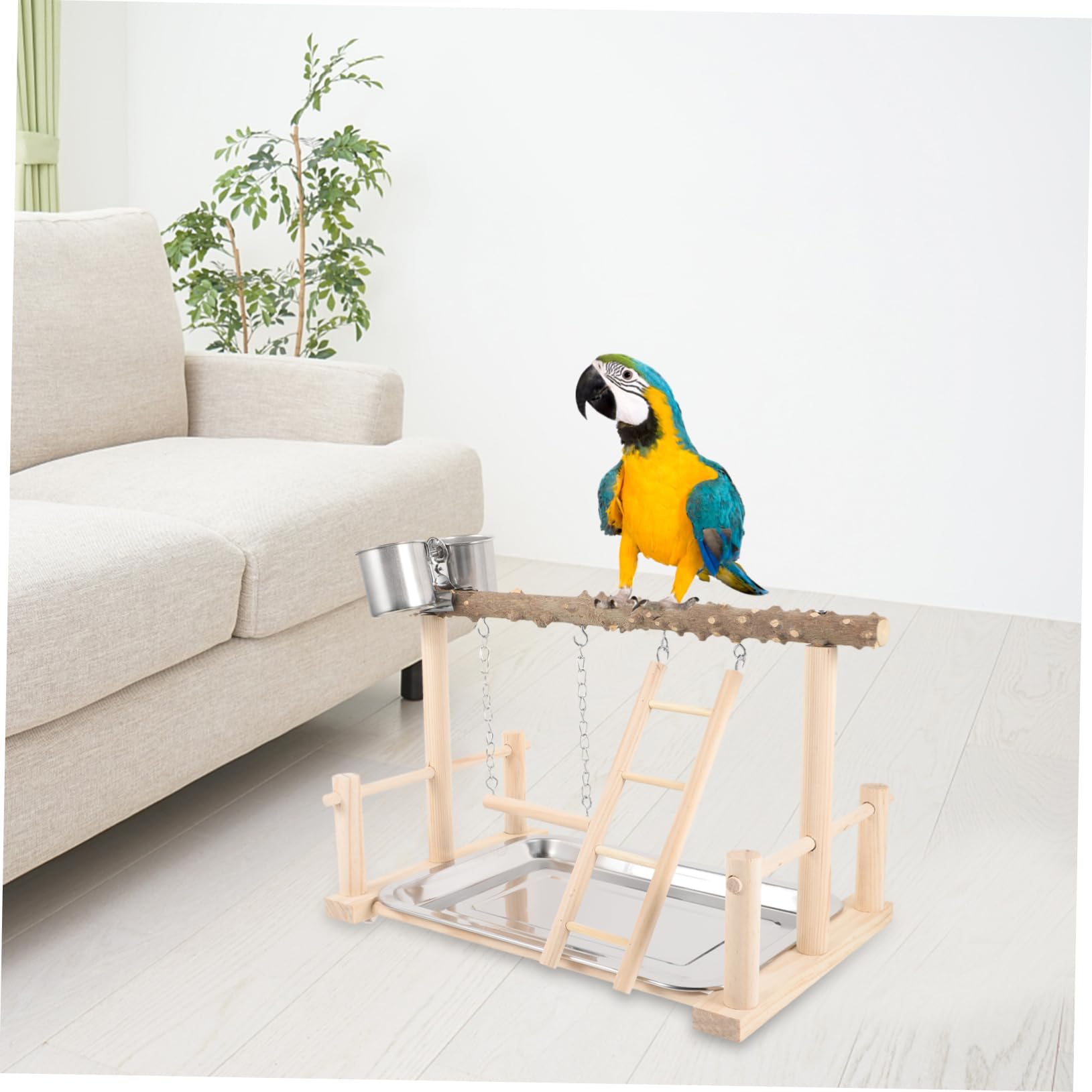 Happyyami 1set Posatoi Legno Per Pappagalli Piattaforma Interattiva Con Mangiatoia e Scala Accessori Per Uccelli Legno Naturale Spazio Per Giocare e Nutrire