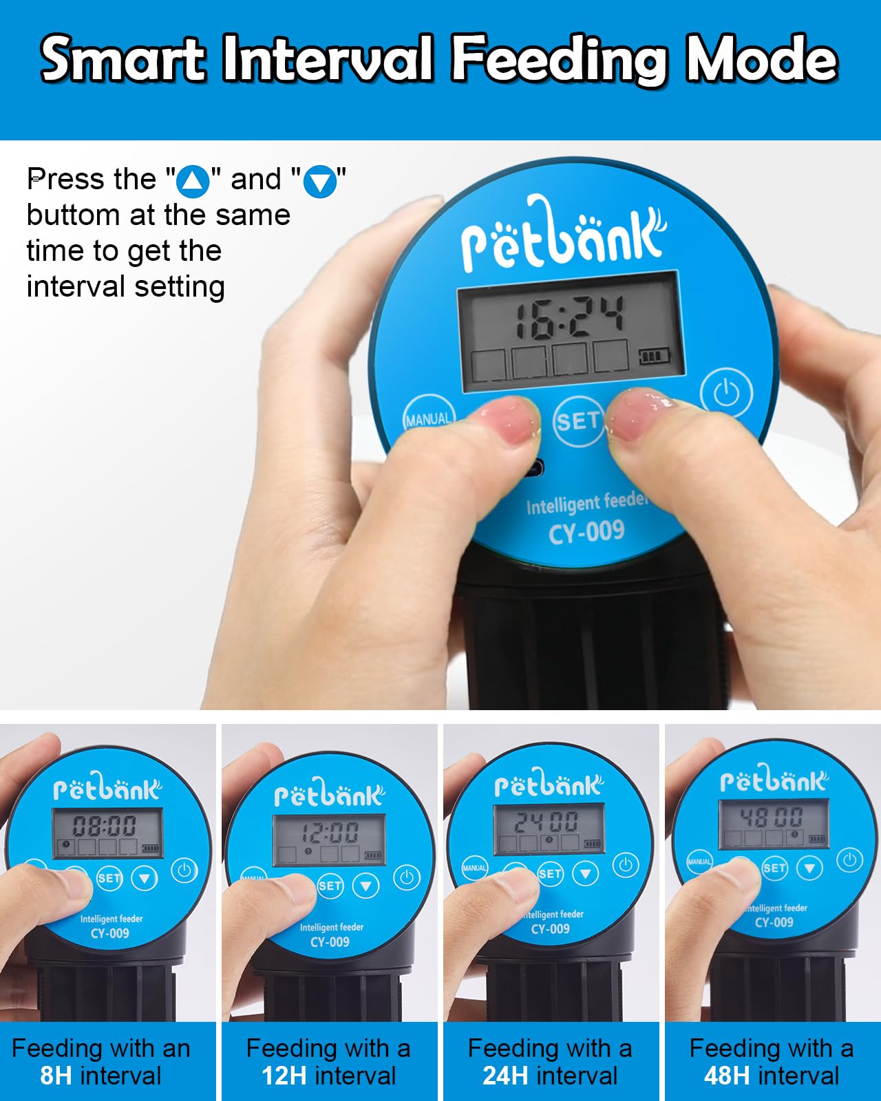Petbank Mangiatoia Automatica Acquario - Timer Ricaricabile con Cavo di USB Charger, Mangiatoia Pesci con Display LCD, Dispenser Cibo Pesci Automatico, Blu