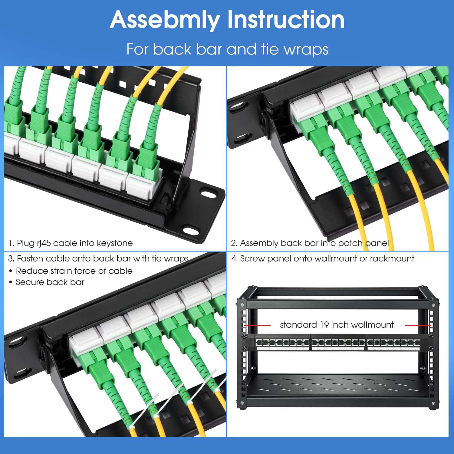 Glasfaser-Patchpanel mit 24 SCAPC OS1/OS2 Singlemode-Faser-Koppler, Keystone-Jack-Modular (inkl. Rack-Schrauben), 4 Stück