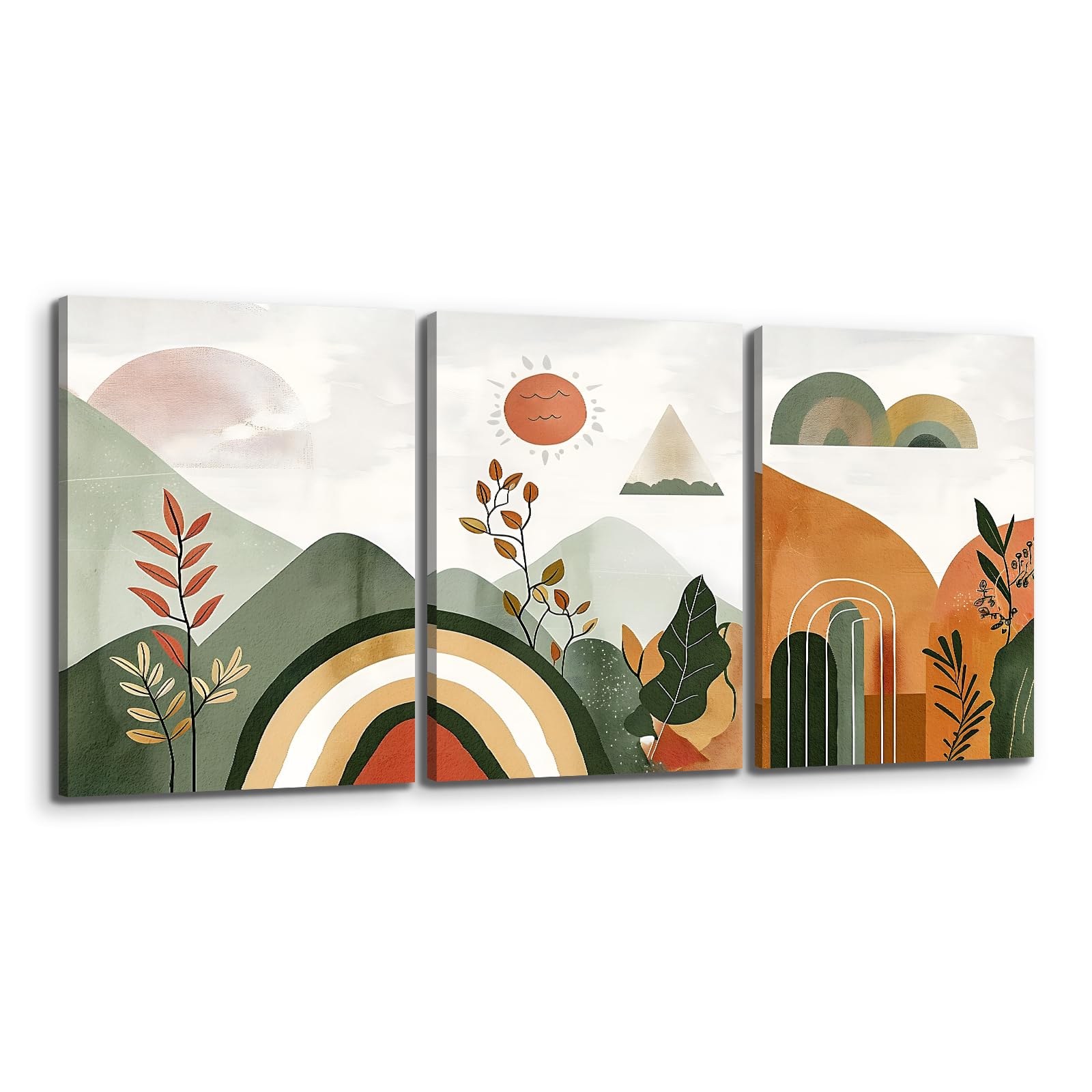 MHARTK66 Cuadros Decoracion Salon Verde 3 Piezas, Paisaje Abstracto Laminas Decorativas Pared Dormitorios, Lienzos Decorativos Pared Sol Hojas, Modernos Minimalista Wall Art Comedor Pasillo Baño