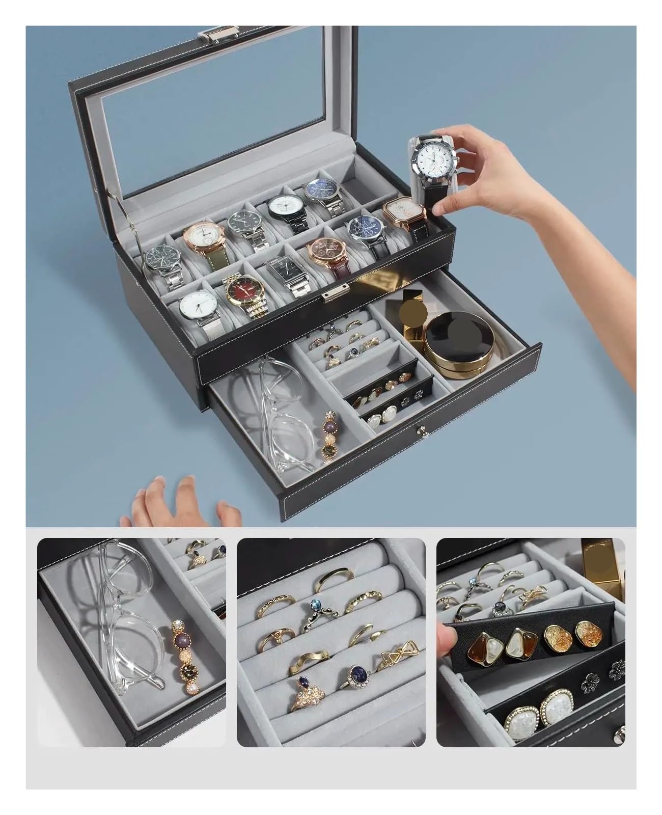 Abschließbare Aufbewahrungsboxen for Uhren mit 12 Fächern, Schmuckvitrine for Herren und Damen, 2-stufiger Organizer for zur Aufbewahrung von Uhren(Black Beige)